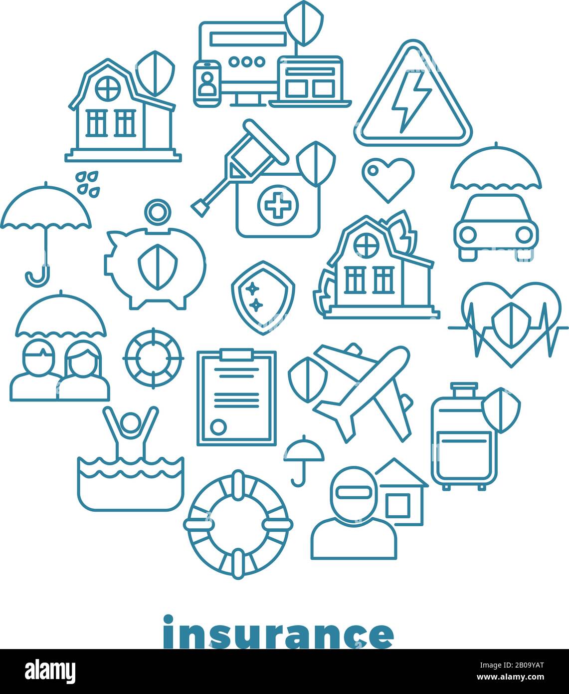 Icônes vectorielles de ligne de propriété et de domicile d'assurance dans la conception de cercles. Maison d'assurance et médical, illustration de l'immeuble d'appartements d'assurance et de l'argent Illustration de Vecteur