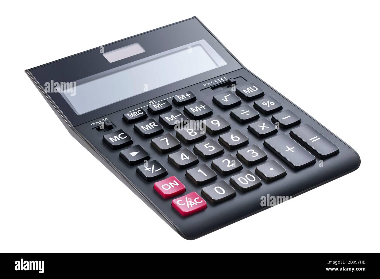 Vue latérale d'une grande calculatrice comptable noire avec un affichage  vide isolé sur un fond blanc. Elément de conception avec chemin d'écrêtage  Photo Stock - Alamy