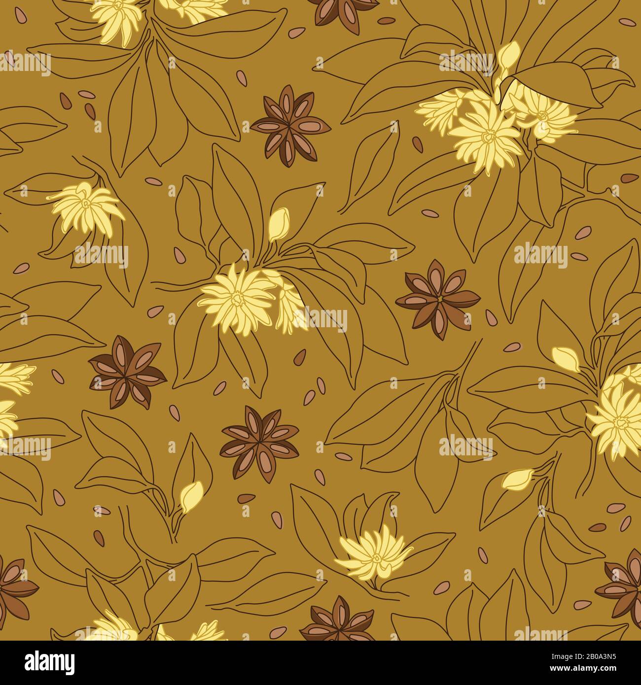 Star Aniseed Vector Line Conception De Répétition Transparente Sur Ocher. Illicium Anisatum Illustration de Vecteur