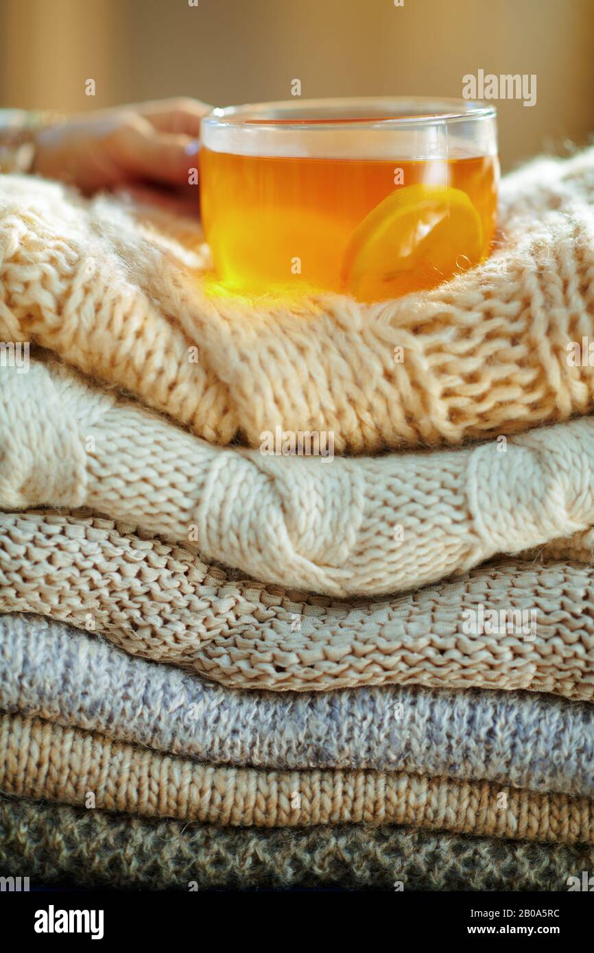 Gros plan sur une femme branchée en sweat blanc et jupe avec tas de chandails et tasse de thé avec citron dans le salon moderne en hiver ensoleillé. Banque D'Images