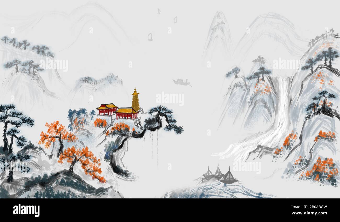 Peinture à l'encre de paysage avec style chinois Banque D'Images