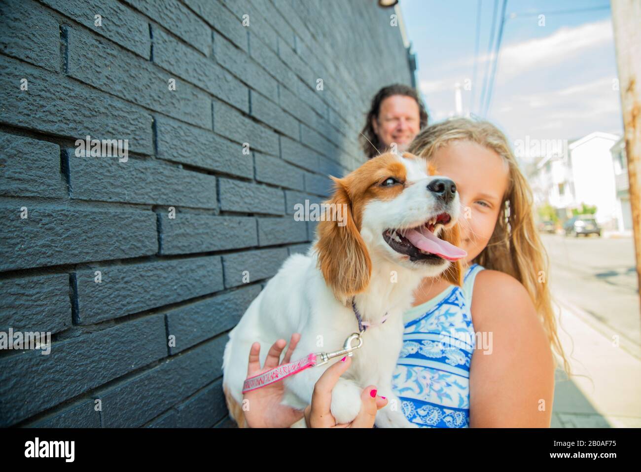 Pose avec le chiot à l'extérieur par beau temps Banque D'Images