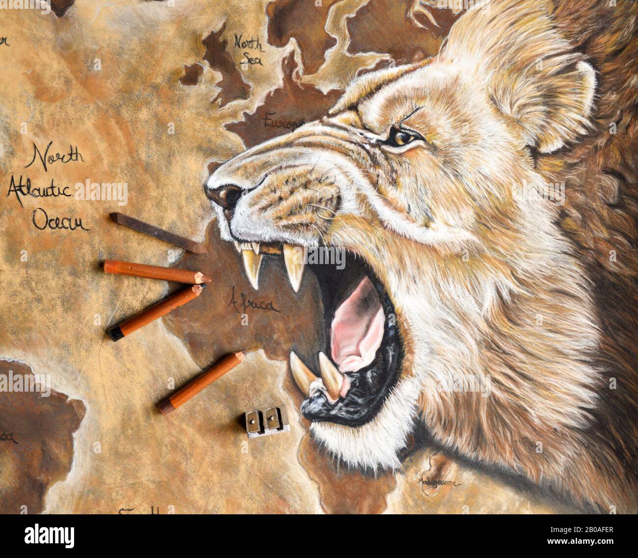 Magnifique peinture d'art animal avec un lion agressif Banque D'Images