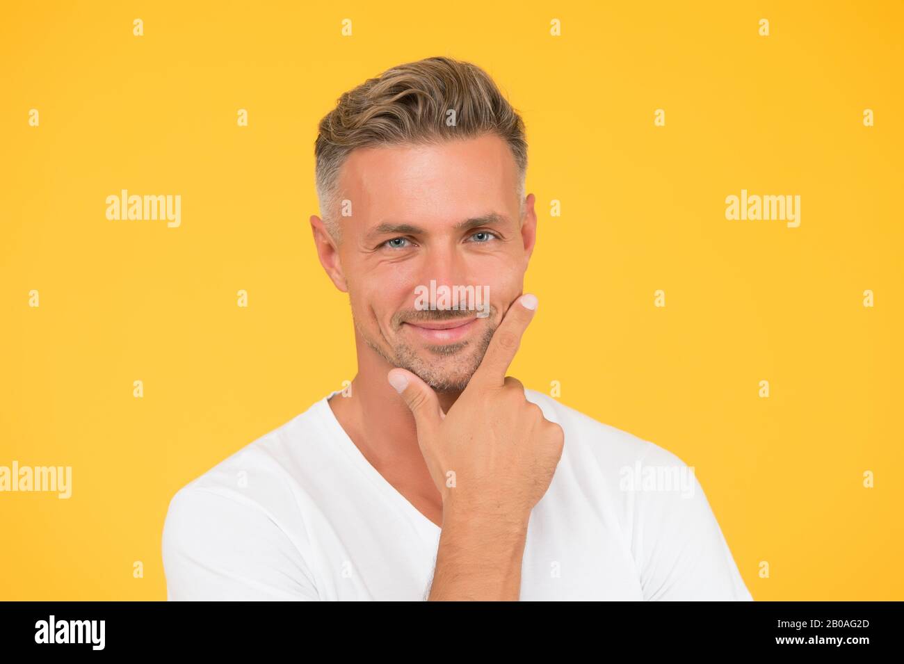 Cheveux bien entretenus pour le visage de l'homme. Salon de coiffure et salon de coiffure. Préoccupé par sa propre beauté. Homme mûr bon look modèle. Shampooing pour cheveux. Prenez le vieillissement avec respect. Cheveux Grizzle. Traiter les racines grises. Banque D'Images Cheveux bien entretenus pour le visage de l'homme. Salon de coiffure et salon de coiffure. Préoccupé par sa propre beauté. Homme mûr bon look modèle. Shampooing pour cheveux. Prenez le vieillissement avec respect. Cheveux Grizzle. Traiter les racines grises. Banque D'Images