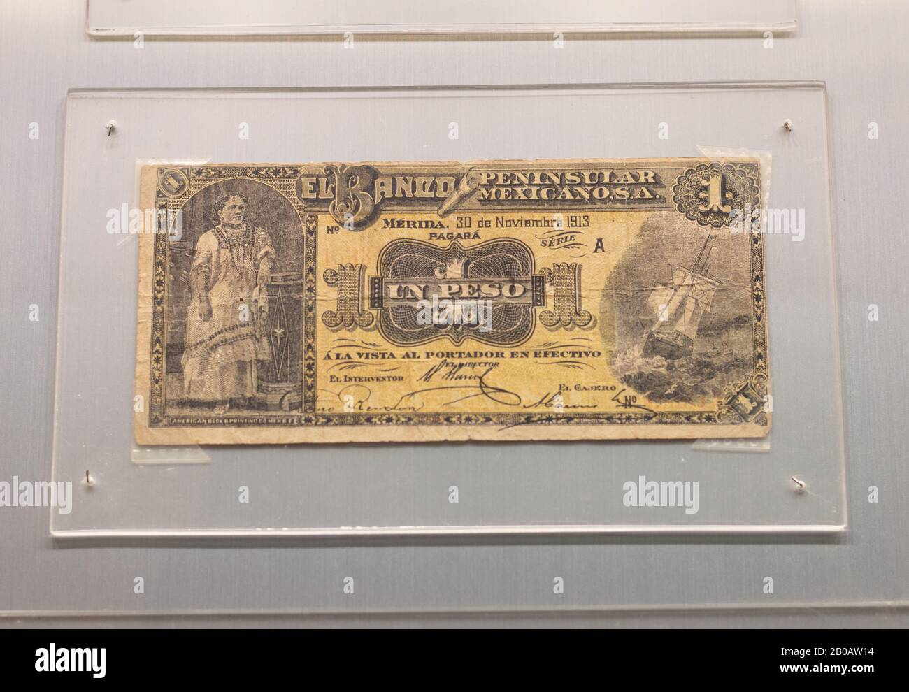 Vieux billets de banque mexicains, monnaie, argent, de la Banco Peninsular Mexicano. Merida, Yucatan, Mexique, 1913. Banque D'Images