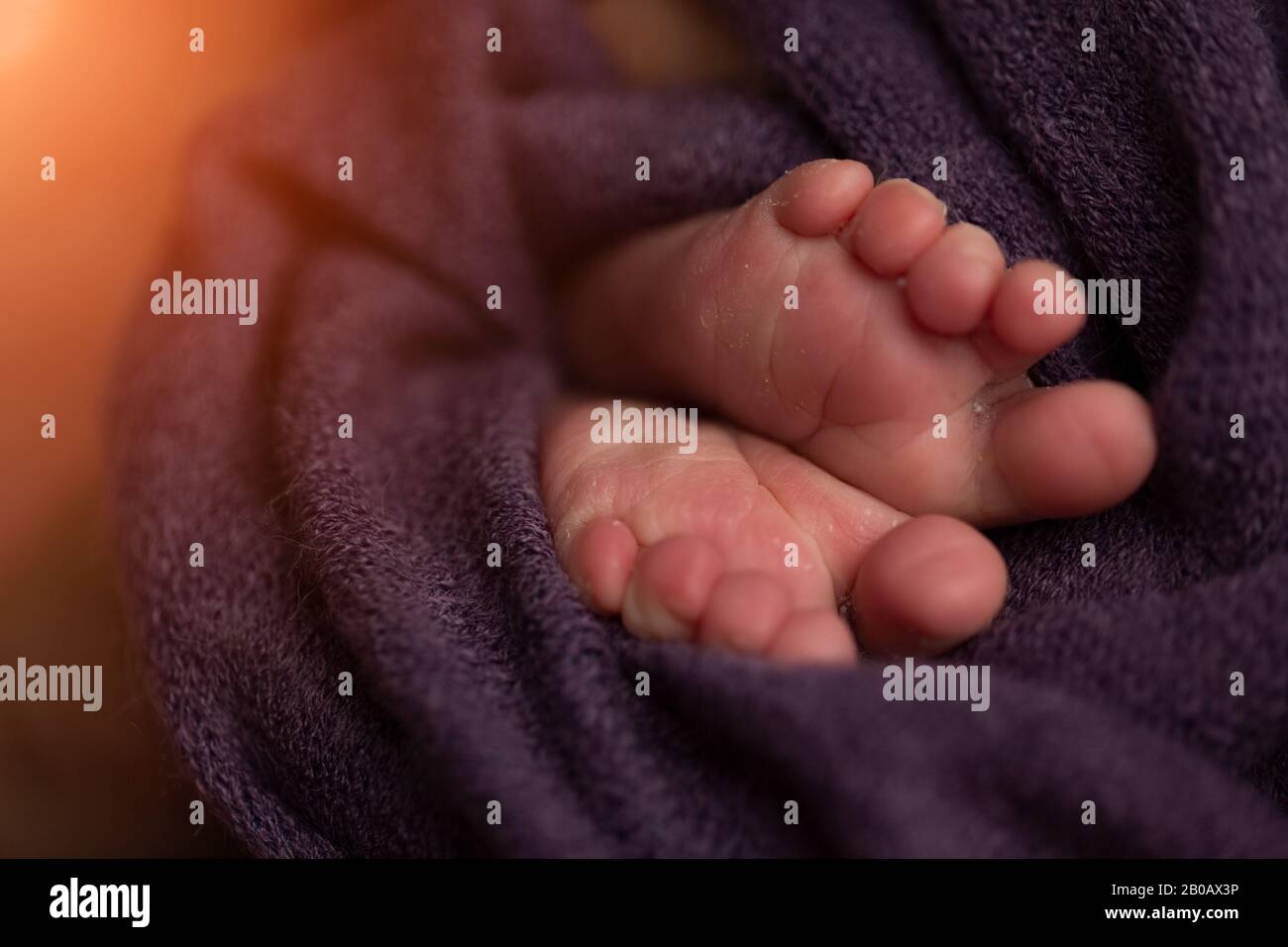 pieds d'un nouveau-né sur un fond violet. foyer sélectif Banque D'Images
