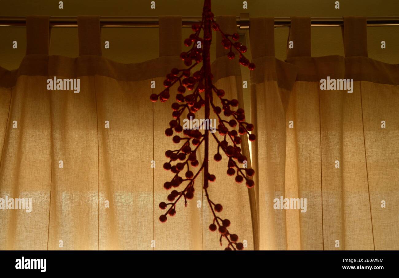 ESPRIT DE VACANCES: Le GUI rouge étincelant est suspendu d'un plafond de salon. Banque D'Images