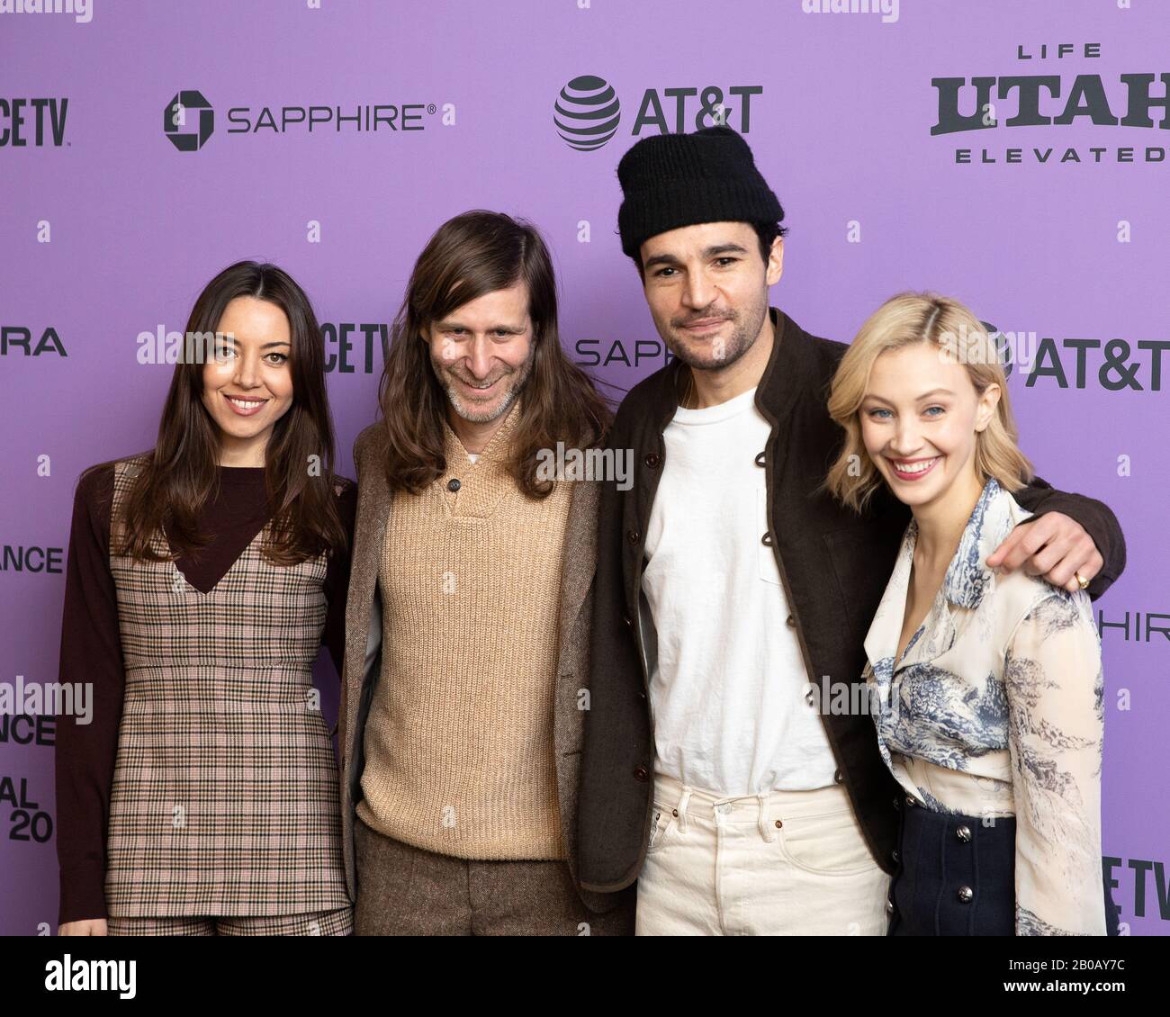 Aubrey Plaza, Lawrence Michael Levine, Christopher Abbott et Sarah Gadon ont assisté à la première du film « Black Bear » du Festival du film de Sundance de 2020. Banque D'Images