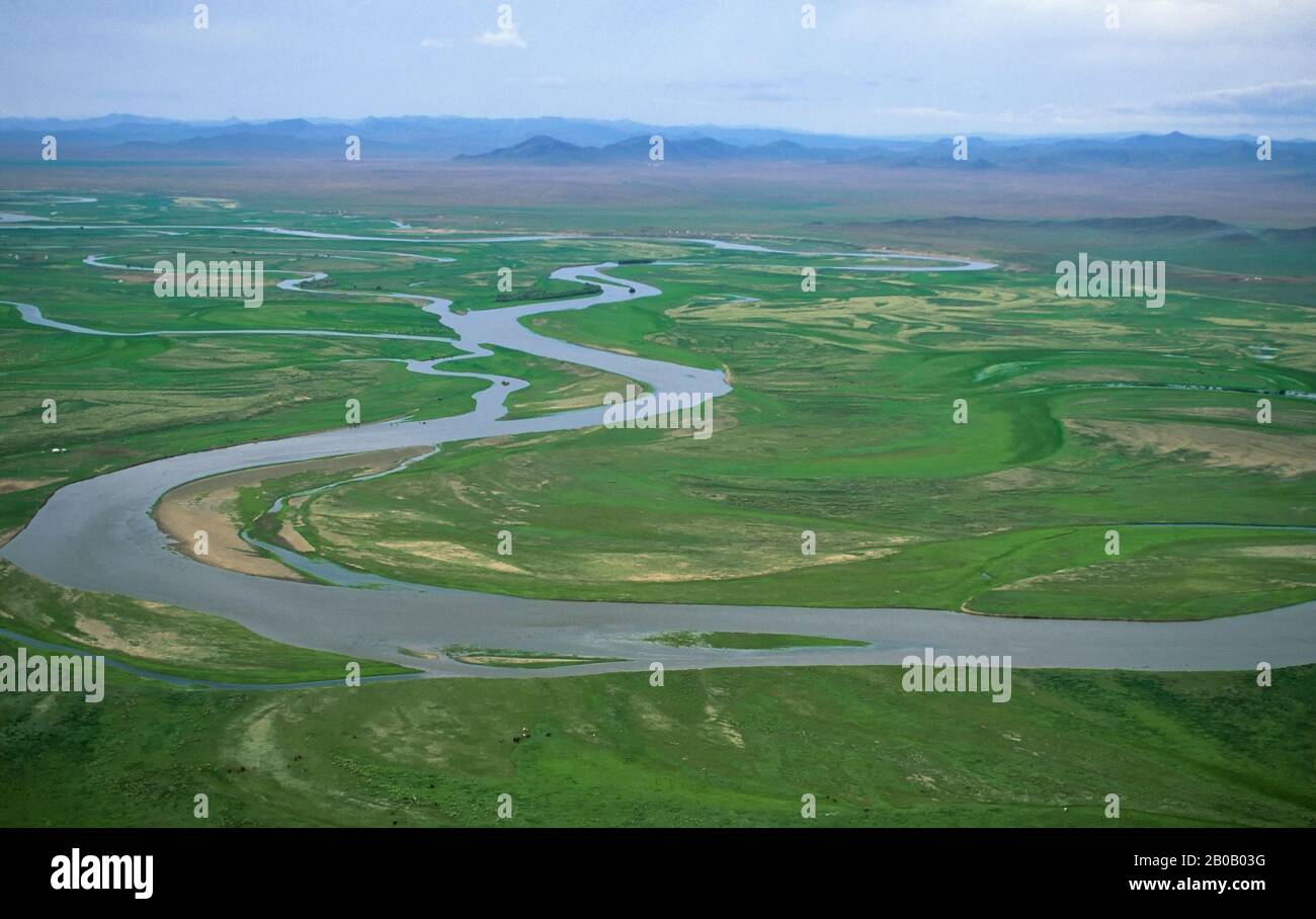 CENTRE DE LA MONGOLIE, VUE AÉRIENNE, RIVIÈRE UGI Banque D'Images