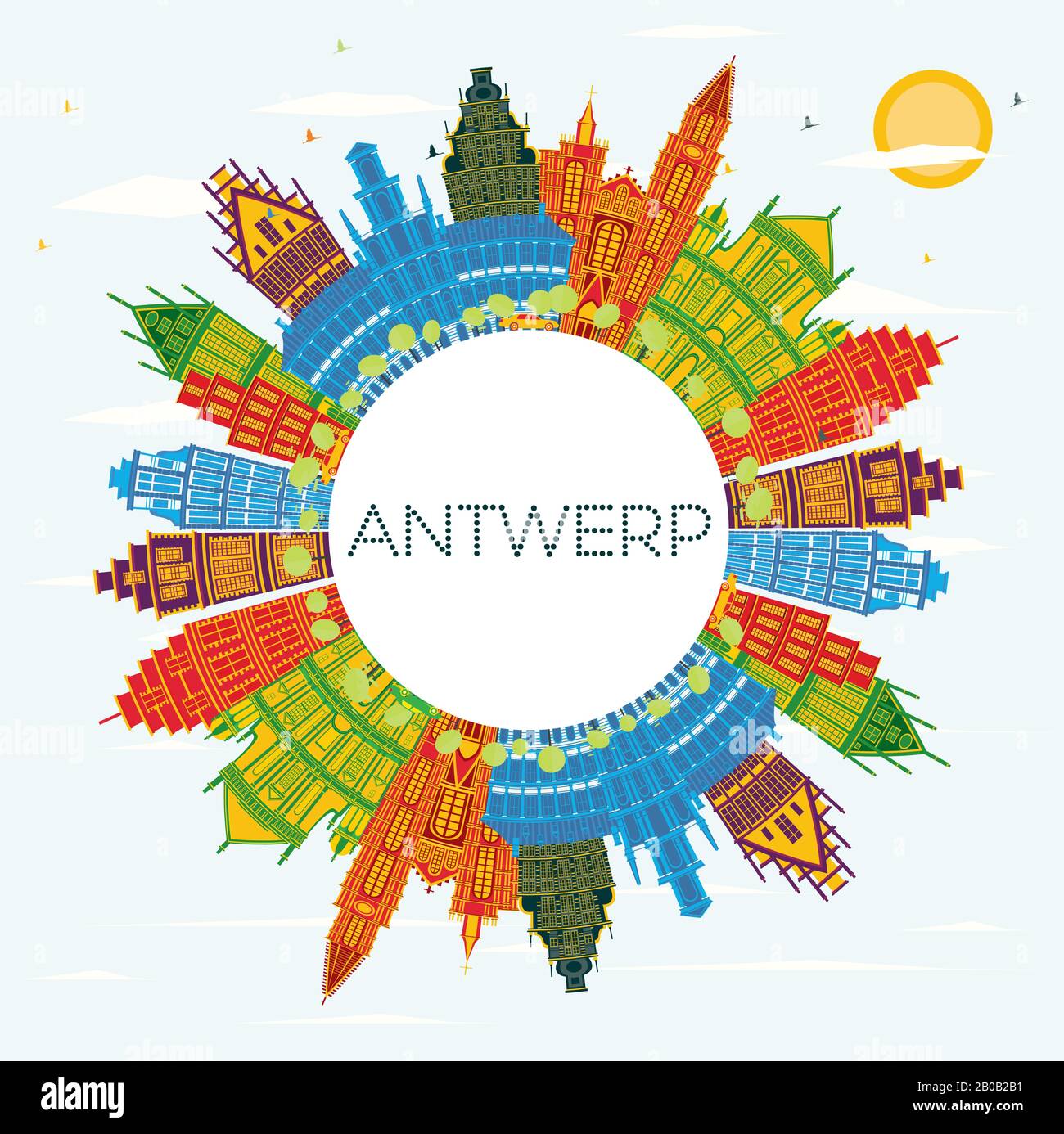 Anvers Belgique Ville Skyline Avec Bâtiments Couleur, Ciel Bleu Et Espace Copie. Illustration Vectorielle. Concept De Voyages D'Affaires Et De Tourisme. Illustration de Vecteur