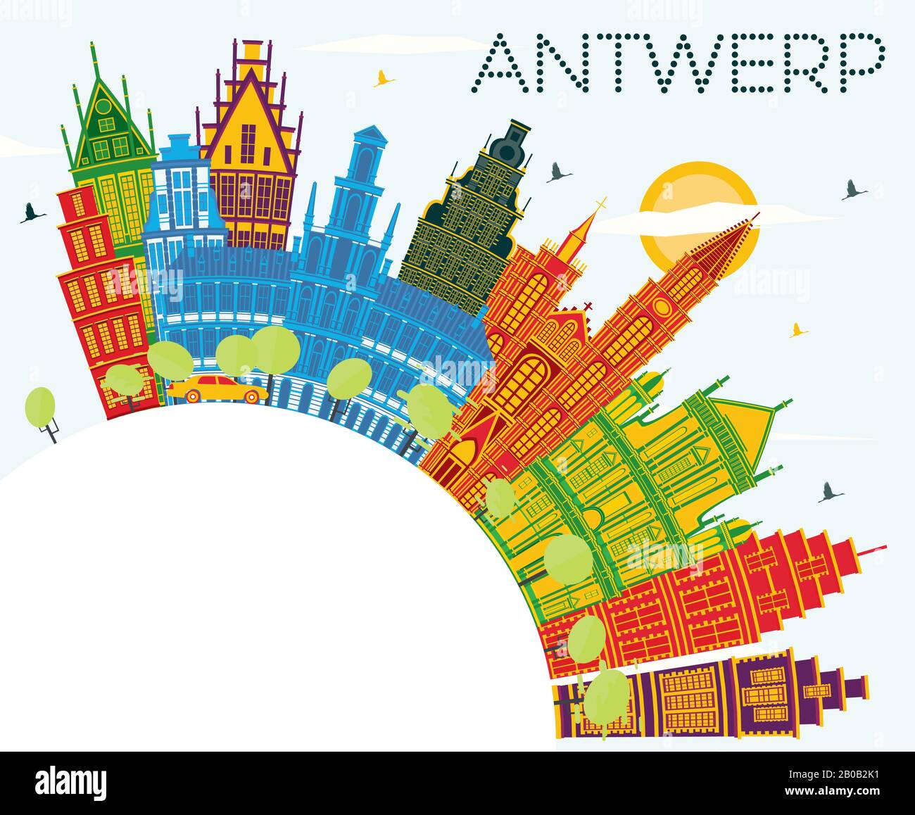 Anvers Belgique Ville Skyline Avec Bâtiments Couleur, Ciel Bleu Et Espace Copie. Illustration Vectorielle. Concept De Voyages D'Affaires Et De Tourisme. Illustration de Vecteur