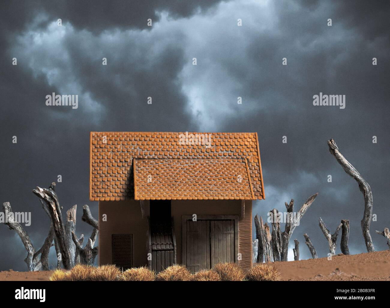 Petite maison dans le désert avec Des Souches d'arbres morts et de l'herbe Séchée Banque D'Images