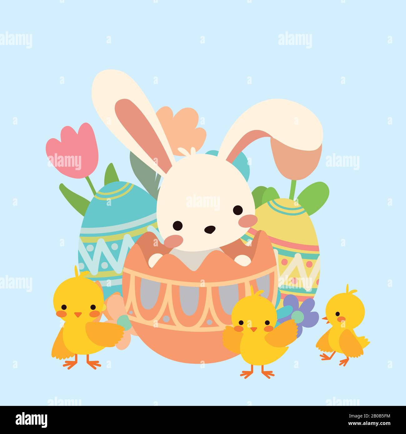 Lapin de pâques vectoriel dans l'oeuf avec fleurs, poulet Illustration de Vecteur