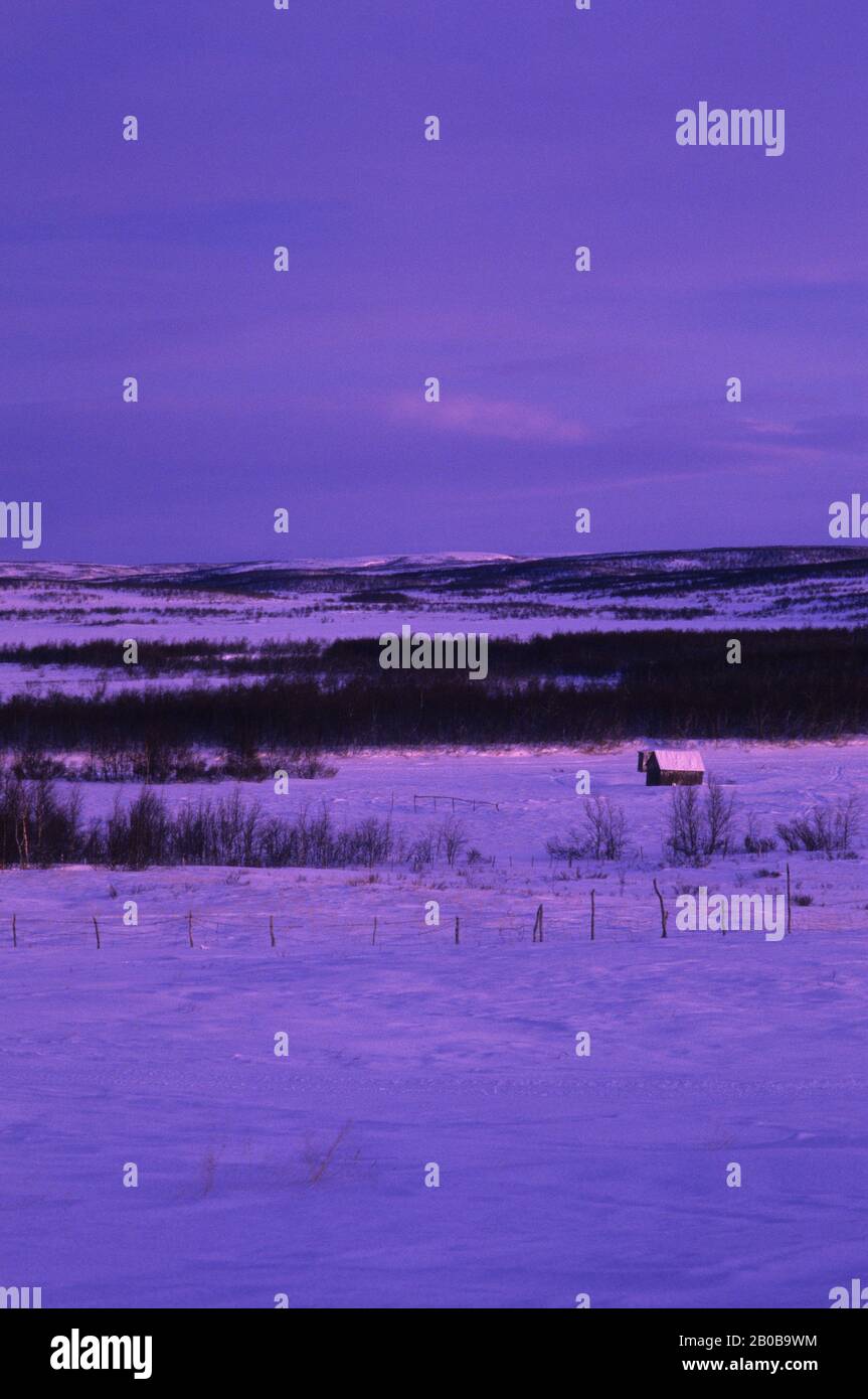 NORVÈGE, FINNMARK, PRÈS DE KARASJOK, MI-HIVER, VERS MIDI, PAYSAGE AVEC GRANGE Banque D'Images
