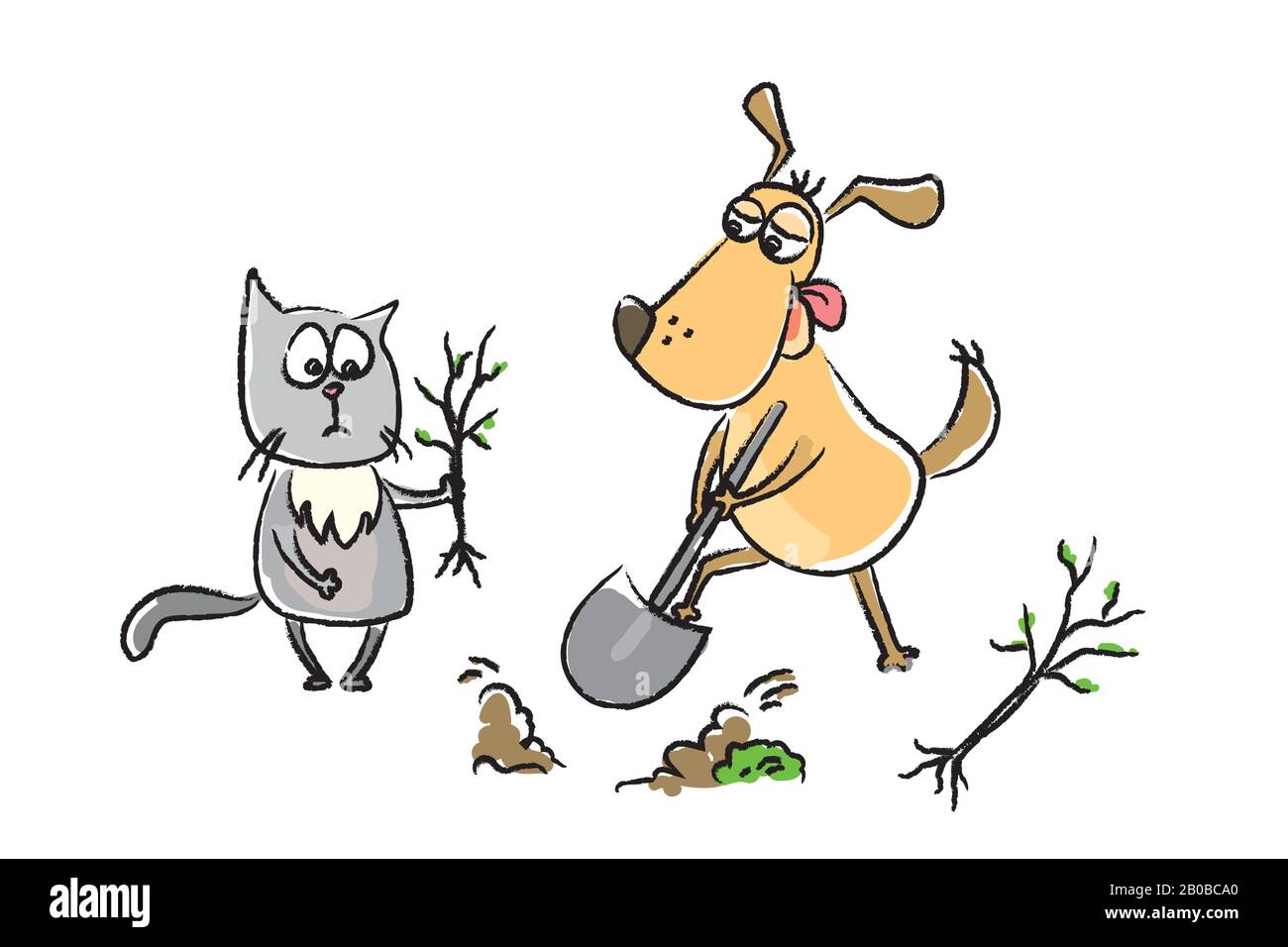 Drôle Сat avec un semis et un chien avec une usine de pelle dans le sol, illustration vectorielle tirée à la main Illustration de Vecteur