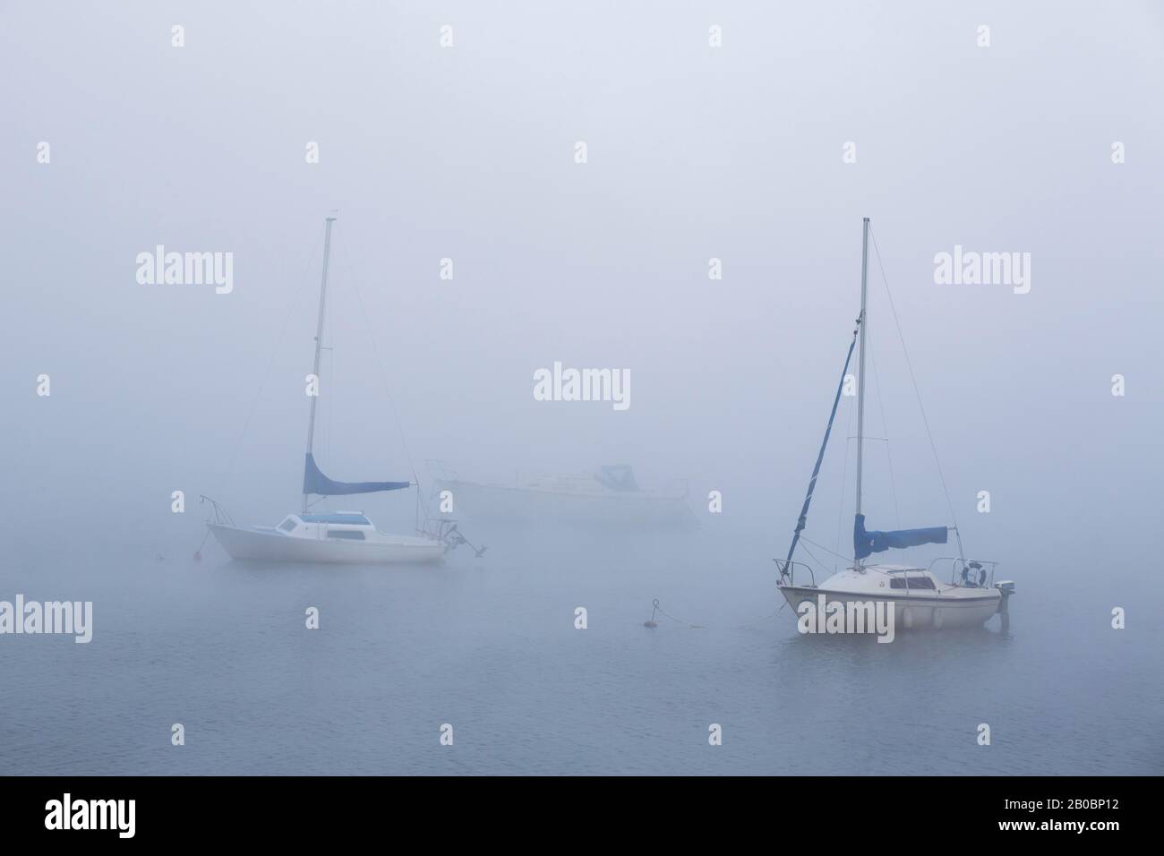 Bateaux à voile dans le brouillard tôt le matin sur le lac des Sables, Québec, Canada Banque D'Images