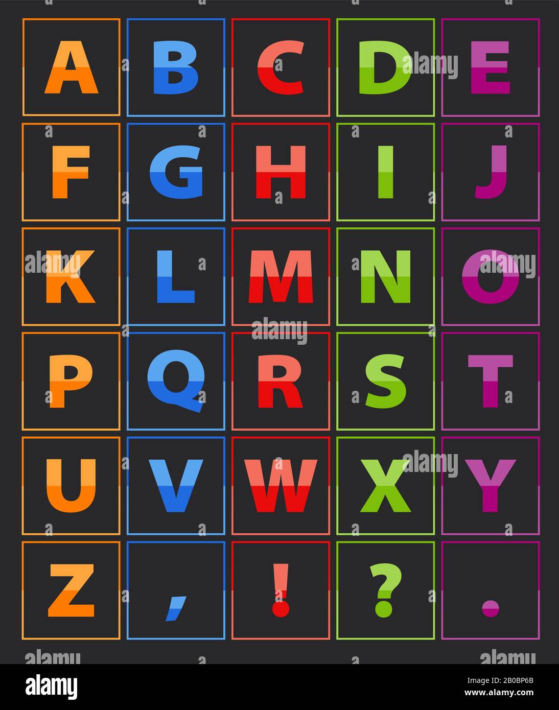 Lettre Alphabet, de couleur orange, bleu, rouge, vert, violet. Chaque lettre  est dans le cadre Image Vectorielle Stock - Alamy
