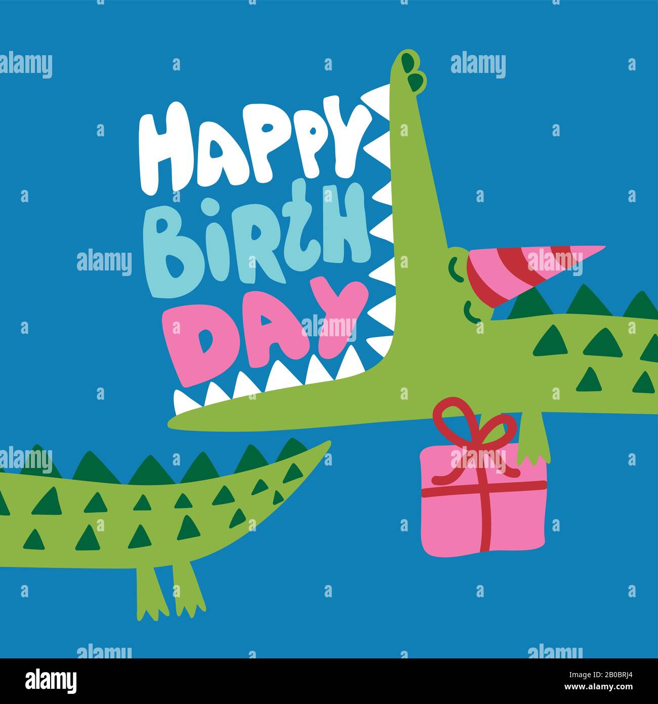 Joyeux anniversaire - Joli motif crocodile et cadeau - drôle de gribouille dessinée à la main, alligator de dessin animé. Idéal pour les motifs graphiques en tissu à motif poster ou t-shirt. Illustration de Vecteur