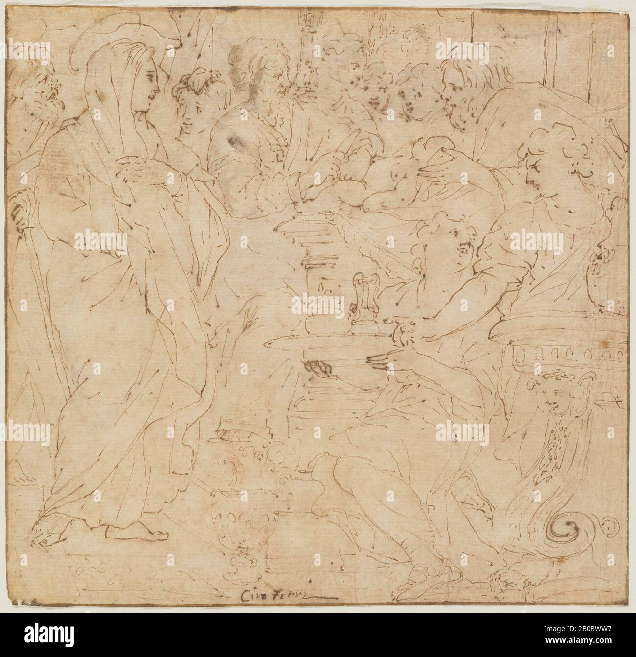 Ciro Ferri, La Circoncision, 1634-1689, encre plume et marron sur craie rouge sur papier, 7 1/4 po x 7 9/16 po. (18,4 cm x 19,2 cm) Banque D'Images