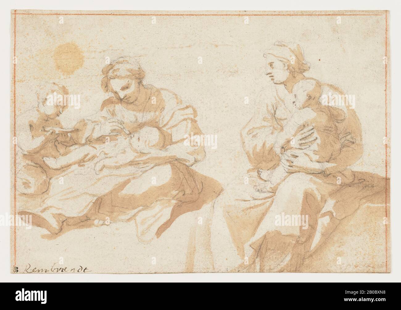 Jacques Stella, Deux Mères avec Leurs enfants, 1650-1659, brosse et lavage brun sur la craie noire sur papier, 6 1/2 po x 9 3/8 po. (16,5 cm x 23,8 cm) Banque D'Images