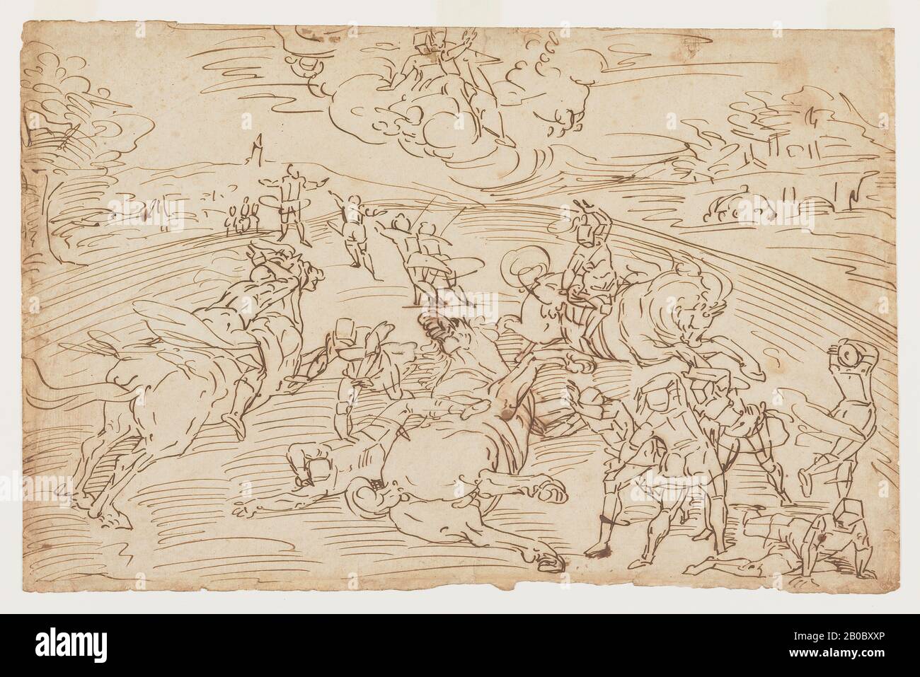 Luca Cambiaso, la conversion de Saint Paul, 1527-1585, encre plume et marron sur craie noire sur papier, 10 9/16 po. X 16 7/16 po. (26,9 cm x 41,7 cm) Banque D'Images