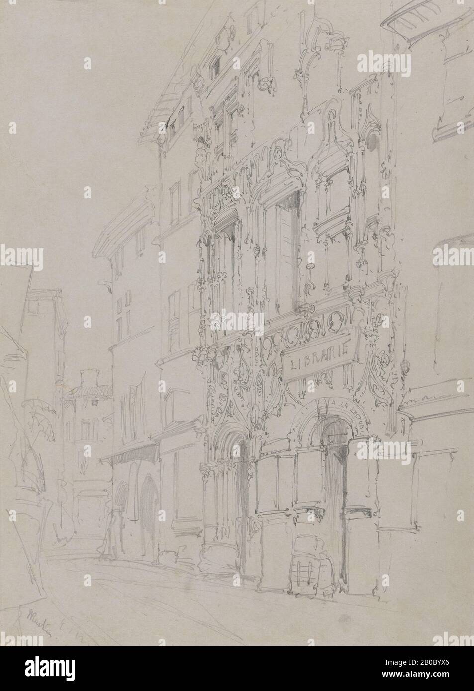 John Ruskin, Librairie, Valence, France, s.d., graphite sur papier vélin gris, 13 13/16 po. X 10 1/8 po. (35,08 cm x 25,72 cm), le dessin documente en fait la façade de la maison des Tetes (Maison des chefs) dans la 57 Grande rue, Valence qui était occupée par une librairie à l'époque de Ruskin Banque D'Images