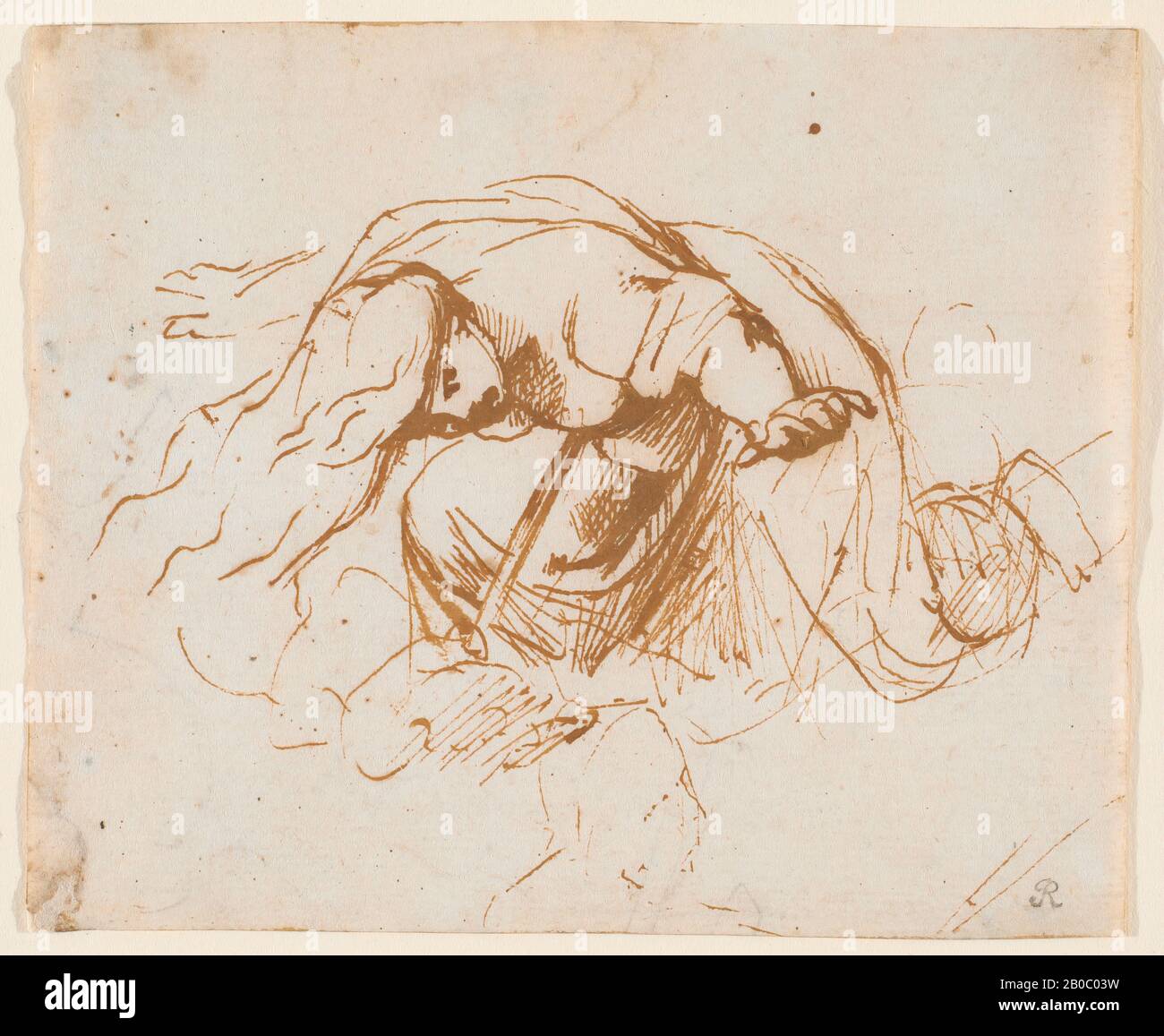 Peter Paul Rubens, la mort de Dido, 1600-1603, encre plume et marron sur papier, 3 3/4 po. X 4 1/2 po. (9,53 cm. X 11,5 cm.), Selon 'Aeneid' de Virgile,' Dido, Reine de Carthage, est assauts quand son amant Aeneas part. Au choc de tous, elle monte un pyre assemblé des biens d'Aeneas et tombe sur une épée. Dans ce croquis et dans une feuille connexe au Louvre, Rubens développe des poses variables de la figure avec des bras étirés, une draperie fluide et une expression de la patte. Cette fiche est une rare esquisse de "première idée" que Rubens a tracée au début de ses années italiennes, lorsqu'il était au service du duc Vi Banque D'Images