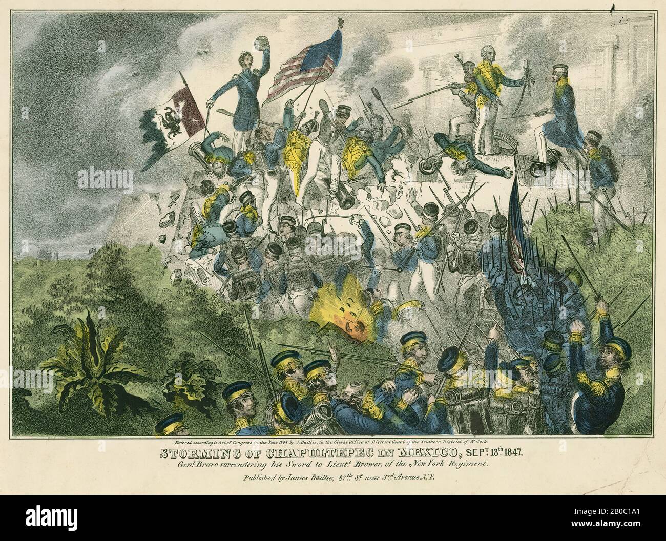 Artiste inconnu, fait partie d'une collection de gravures de guerre Mexico-américain, Storming de Chapultepec au Mexique, 13 septembre 1847.le général Bravo qui rend son épée au lieutenant Brower, du New York Regiment., 1848, lithographie couleur sur papier, 9 3/4 po. X 13 13/16 po. (24,77 cm x 35,08 cm), un désir fort d'acquérir le nord du Mexique a conduit les États-Unis à déclarer la guerre au Mexique en mai 1846. Le 12 septembre 1847, les forces américaines sous le commandement du général Winfield Scott ont posé le siège au château de Chapultepec à Mexico. Le général Scott et Santa Anna, chef de l'armée mexicaine, uedn Banque D'Images