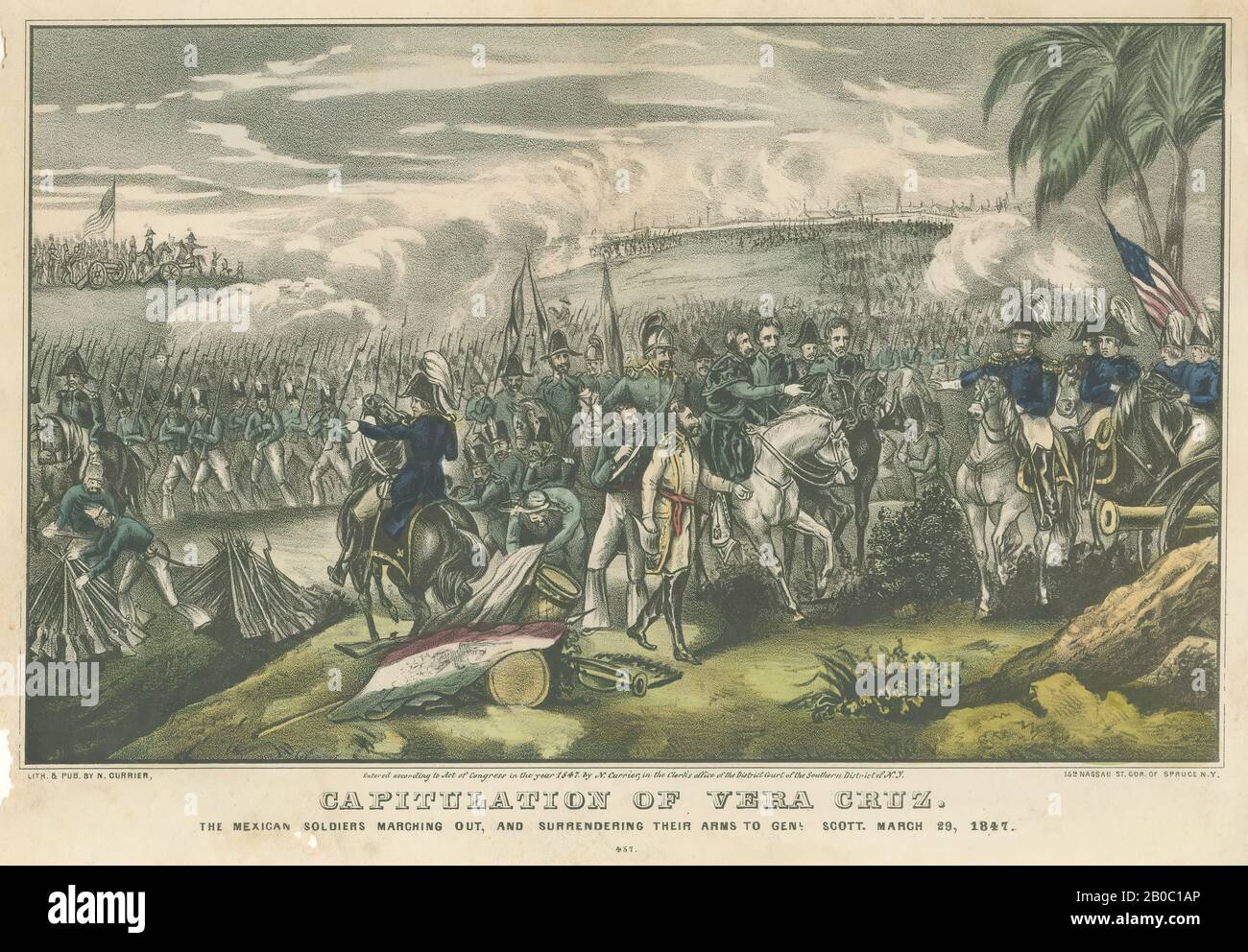 Artiste inconnu, partie d'une collection de gravures de guerre Mexico-américain, capitulation de Vera Cruz. Les Soldats mexicains ont défilé et Ont Rendu leurs armes au général Scottmars 29, 1847#457, 1847, lithographie de couleur sur papier, 10 15/16 po x 13 3/4 po. (27,78 cm x 34,93 cm) Banque D'Images