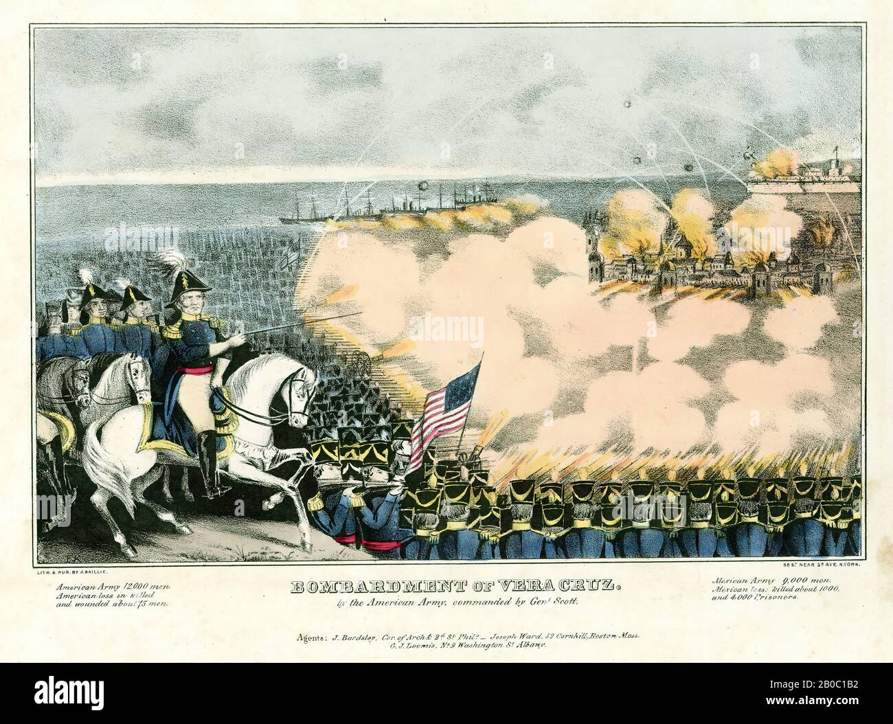 F. K., partie d'une collection de gravures de guerre Mexico-américain, bombardement de Vera Cruz (Par l'armée américaine, commandée par le général Scott.) Inclut les statistiques de bataille, s. d., lithographie de couleur sur papier, 12 5/16 po. X 16 3/8 po. (31,27 cm x 41,59 cm Banque D'Images