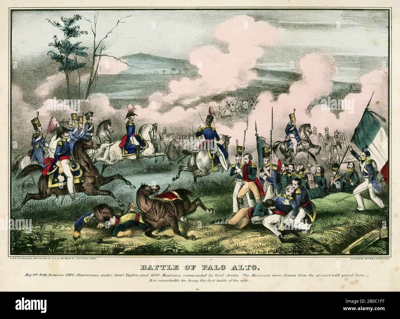 D. Needham, partie d'une collection de gravures de guerre Mexico-américain, la bataille de Palo Alto (18 mai 1846 Entre 2900 Américains sous le général Taylor et 6000 Mexicains, commandés par le général Arista. Les Mexicains ont été chassés du sol avec une grande perte -..., 1846, lithographie de couleur sur papier Banque D'Images