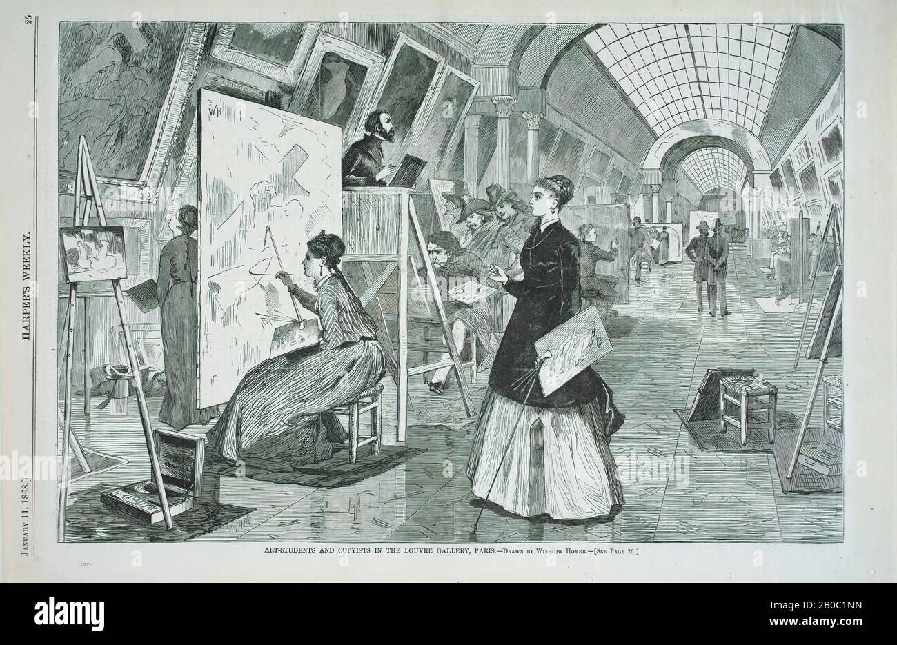 Winslow Homer, Étudiants en art et Copyistes à la Galerie du Louvre, Paris, 1868, gravure en bois sur papier, 9 po. X 13 3/4 po. (22,86 cm x 34,93 cm Banque D'Images