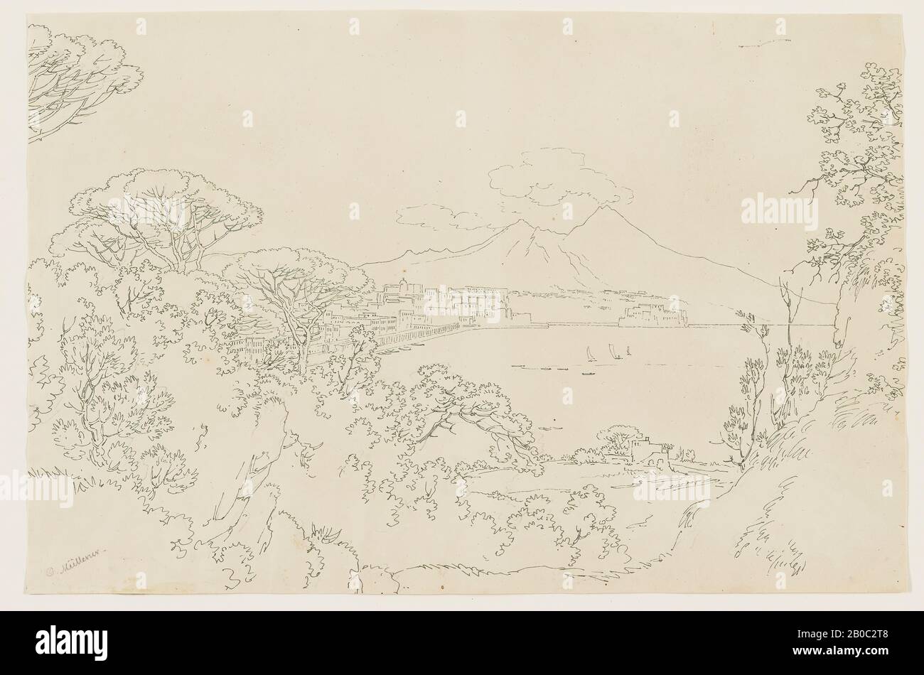 Johann Karl Müllener, vue de Naples, s.d., stylo et encre noire sur papier, 9 3/8 po. X 14 1/4 po. (23,8 cm x 36,2 cm) Banque D'Images