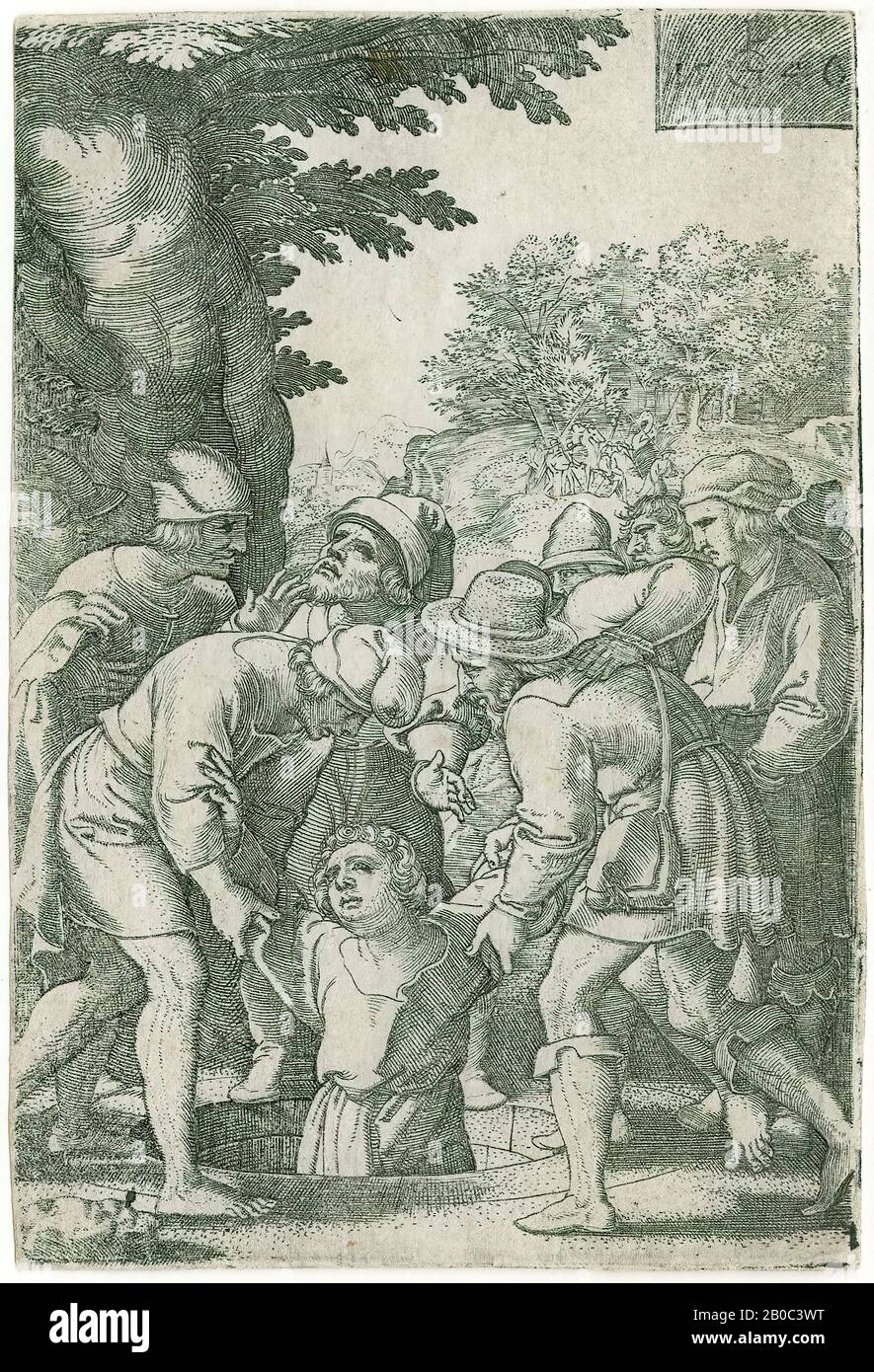 Georg Pencz, Joseph Lâcher le Puits par Ses frères, de l'histoire de Joseph, 1546, gravure sur papier crème, 4 3/8 po. X 2 15/16 po. (11,11 cm x 7,46 cm Banque D'Images