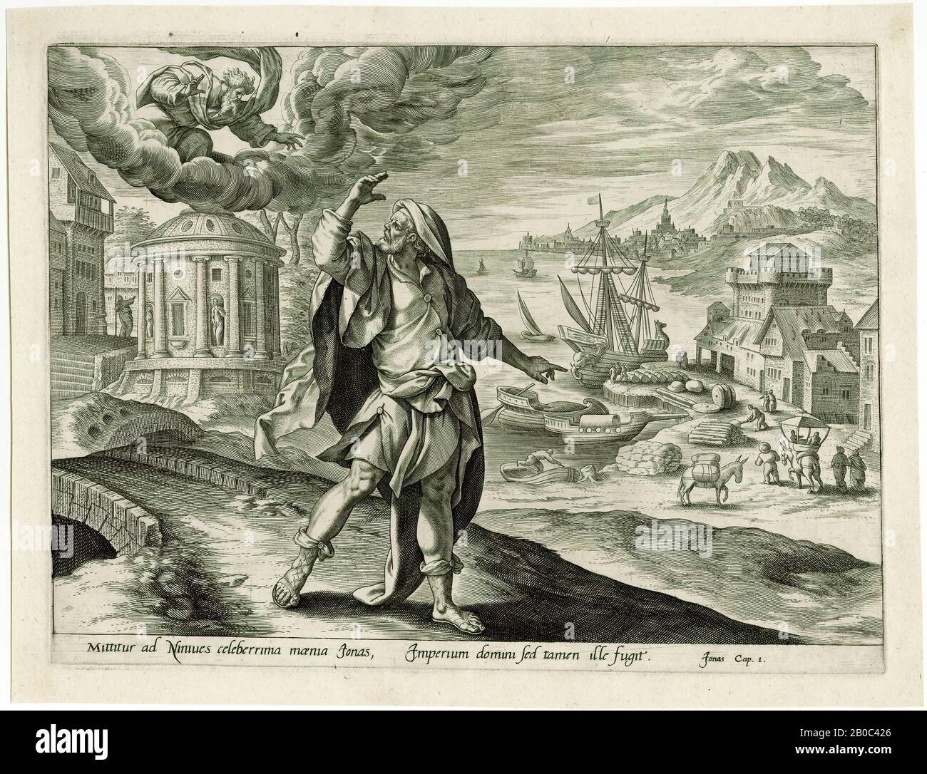 Hieronymus Wierix, Jonas Recevant de Dieu l'ordre D'Aller à Ninive l'histoire de Jonas, pl. 1, après Marten de vos, s.d., gravure sur papier crème, 8 5/16 po. X 10 7/8 po. (21,11 cm x 27,62 cm) Banque D'Images