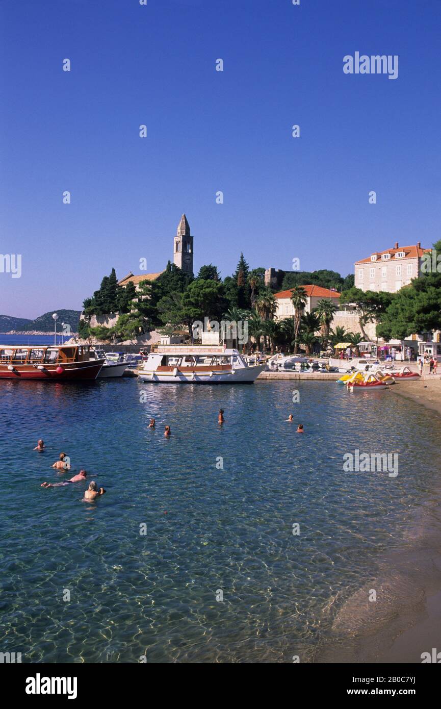 CROATIE, PRÈS DE DUBROVNIK, ELEPHITE EST. DE SIPAN, LOPUD, PLAGE Banque D'Images