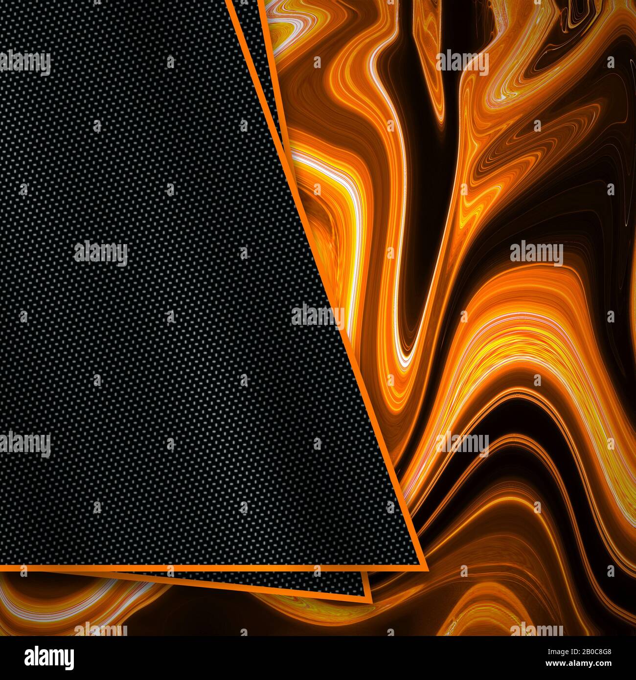 fibre de carbone orange et noire sur couleur de métal liquide orange. fond et texture drôles. illustration tridimensionnelle. rapport de bannière carrée. Banque D'Images