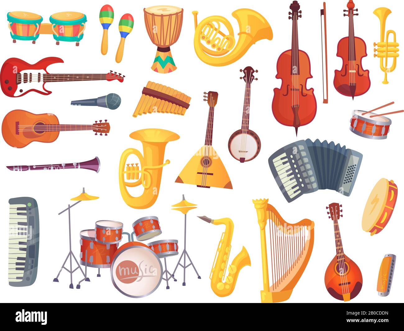 Instruments de musique de dessin animé, guitares, batterie de bongo, violoncelle, saxophone, microphone, kit de batterie isolé. Collection de vecteurs d'instruments de musique Illustration de Vecteur