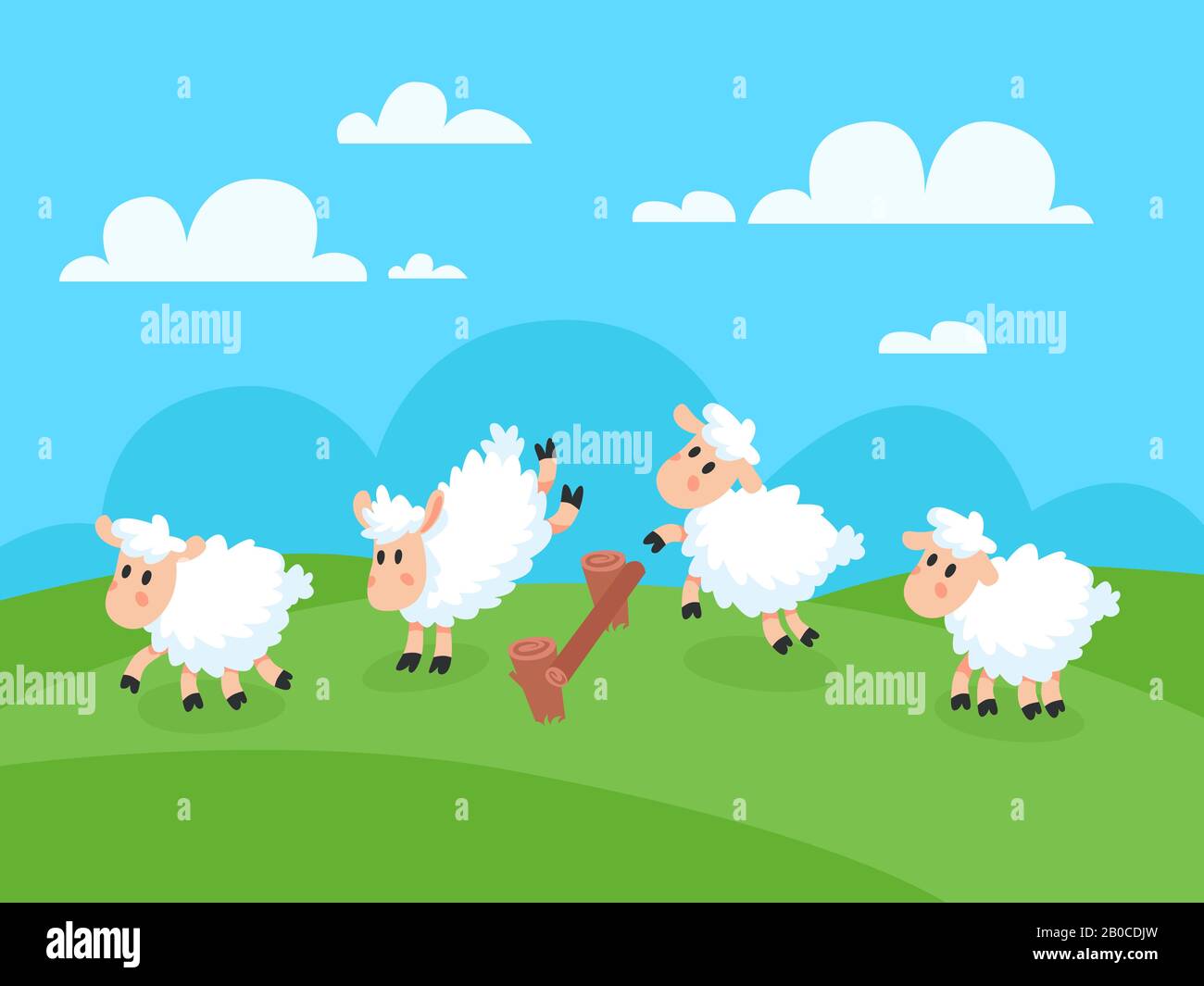 Comptage des moutons sautant pour le sommeil de bonne nuit. Les moutons sautent sur la clôture pour l'illustration du concept vectoriel d'insomnie Illustration de Vecteur