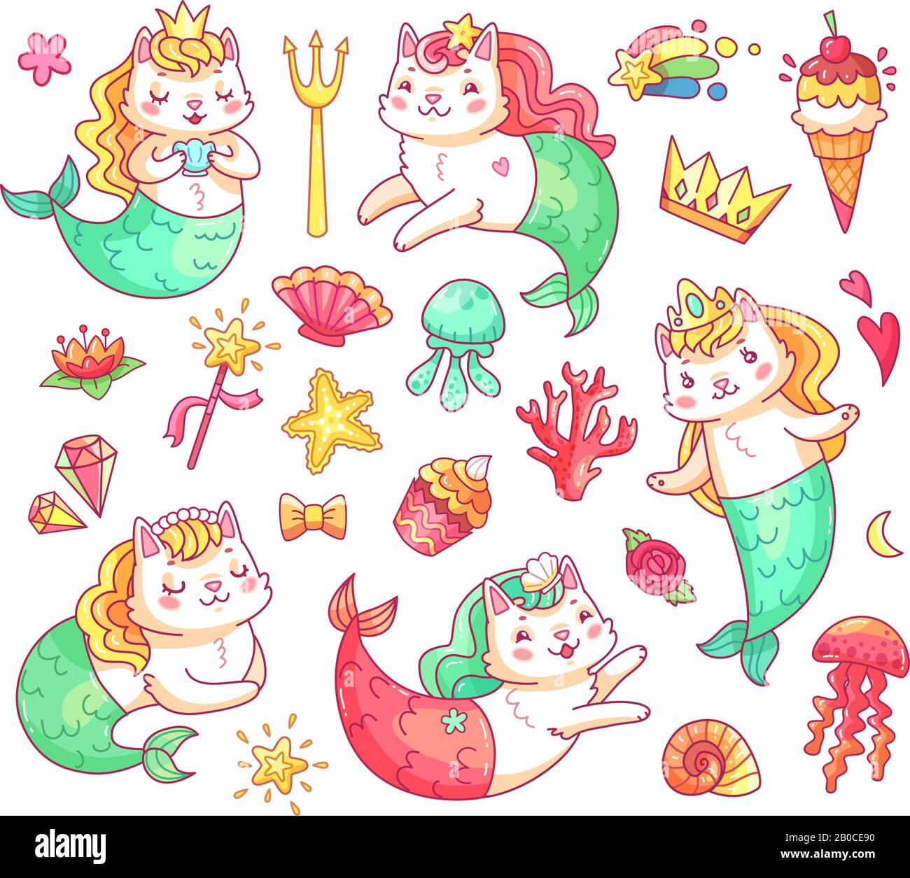 Mermaid chatty chat personnages de dessin animé. Ensemble vectoriel de chats marins mermaids Illustration de Vecteur