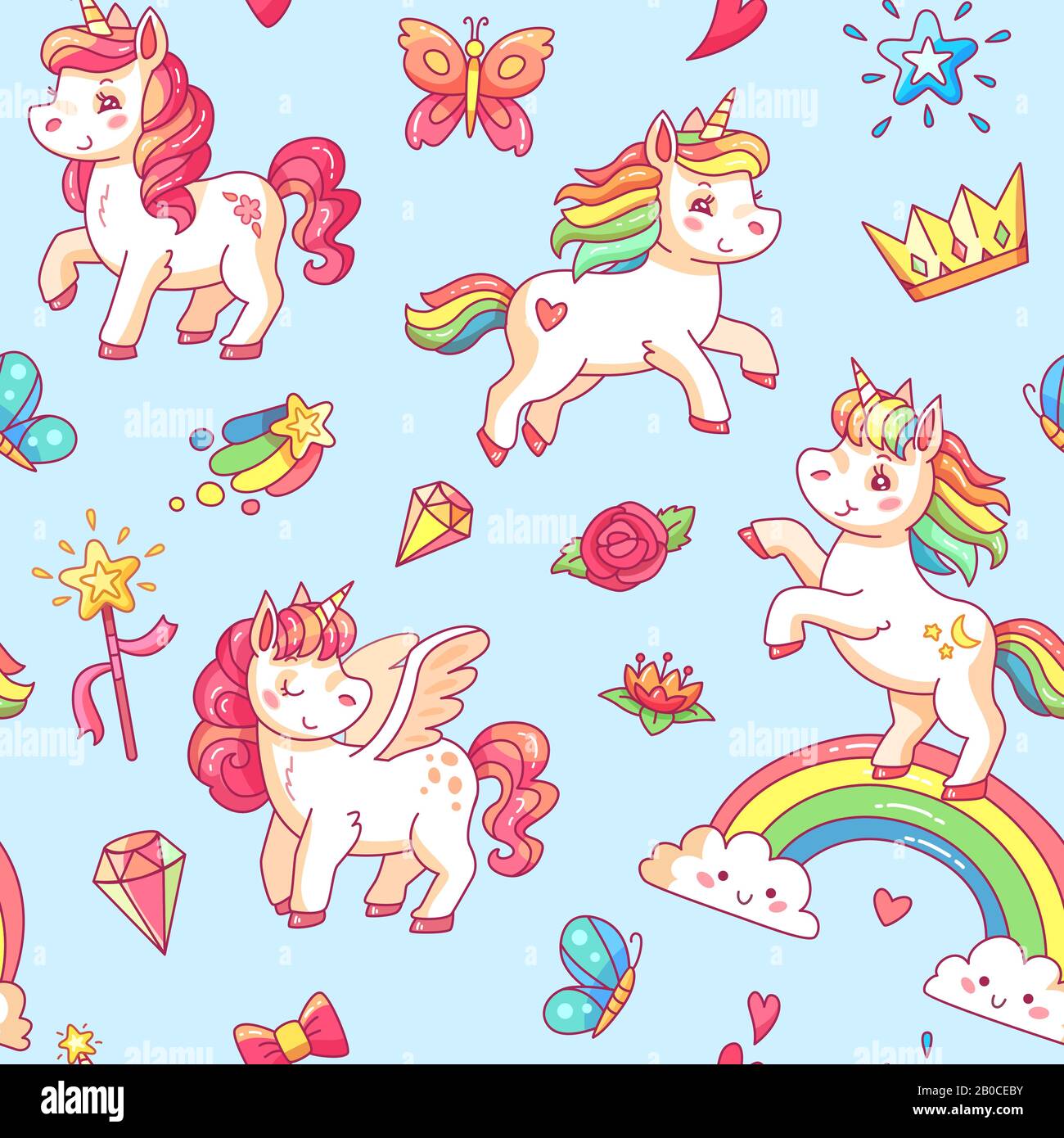 Bande dessinée babe pony croquis joli arrière-plan. Rêves miracles doux avec la magie unicorn, nuages et arc-en-ciel vecteur modèle sans couture Illustration de Vecteur