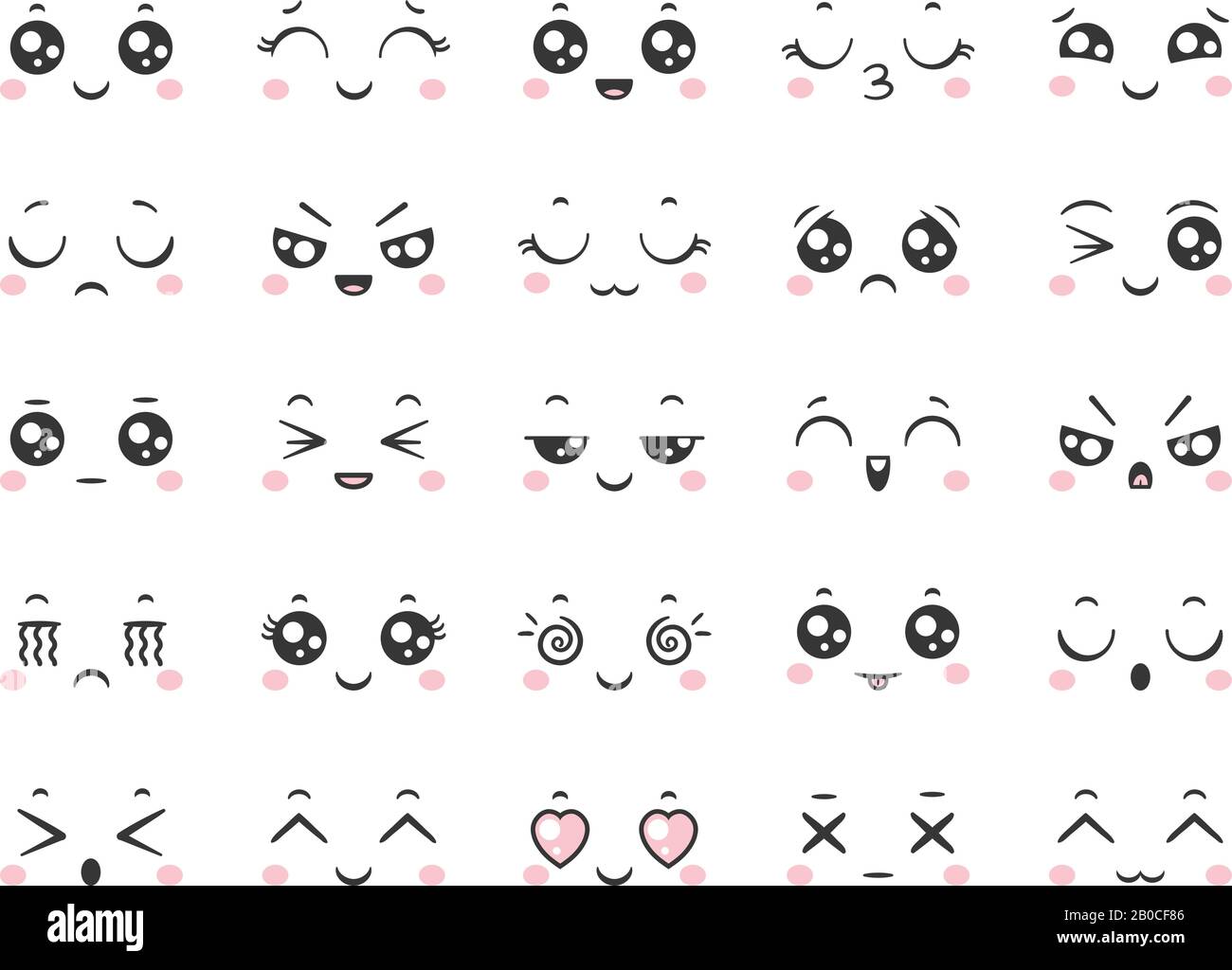 Émoticônes mignons avec expressions du visage. Jeu de vecteurs d'émotions de style anime japonais et d'icônes kawaii emoji Illustration de Vecteur