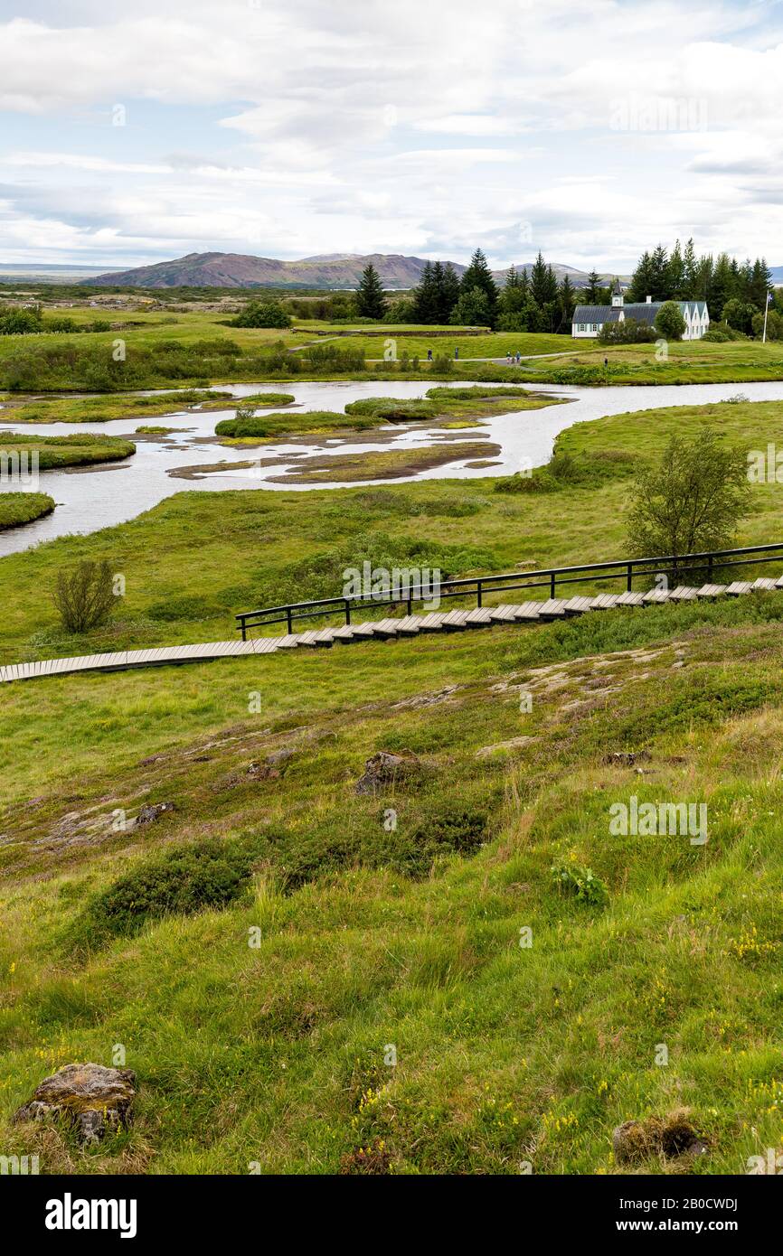 Þingvellir, Islande - la rupture entre l'Europe et l'Amérique du Nord des plaques continentales. Les plaques tectoniques convergent en Islande Banque D'Images