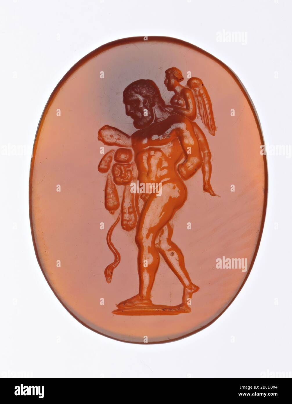 VZ: Herakles debout à gauche avec club et queue de lion, il porte la Cupid aidée sur son dos, la ligne du sol, GEM, intaglio, carnélien, couleur: Orange, forme: Ovale, debout, traitement :, style: 19 x 14 mm, D. 2 mm, wt. 0,85 gr., xviiie siècle 1700-1800 Banque D'Images