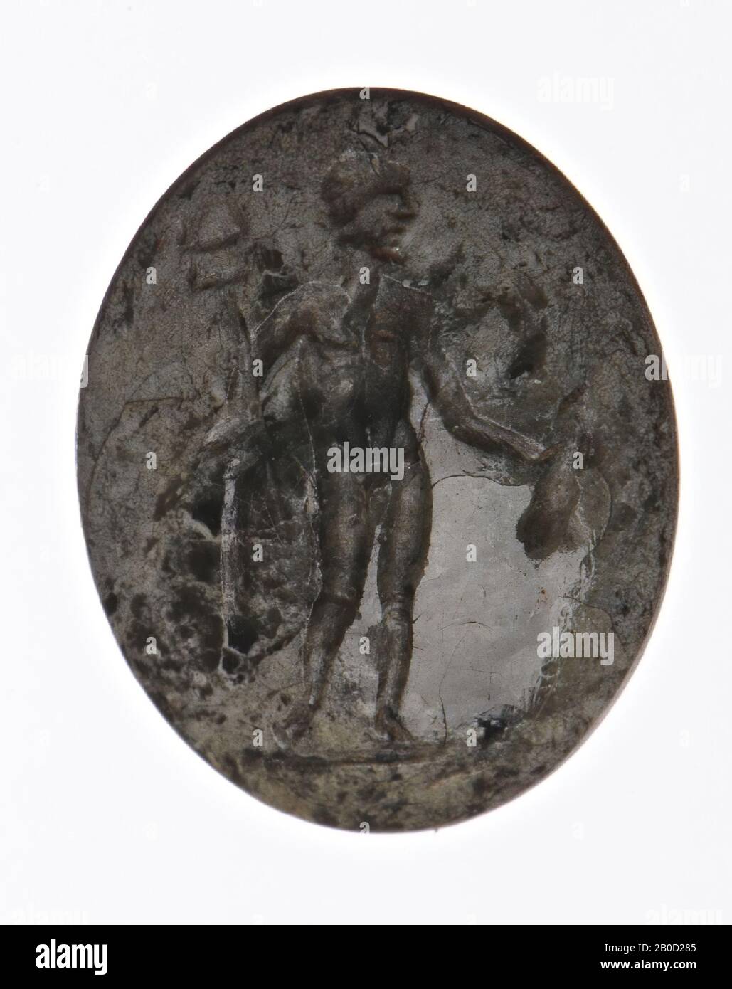 F: Mercure debout à gauche avec sac à main et caduceus, gemme, intaglio, agate, couleur: Vert-blanc marbré, forme: Ovale, debout, traitement:, méthode: 12 x 9 mm, D. 3,5 mm , poids. 0,45 gr., 1ère moitié du premier siècle après Jésus-Christ. 1-50 AD Banque D'Images