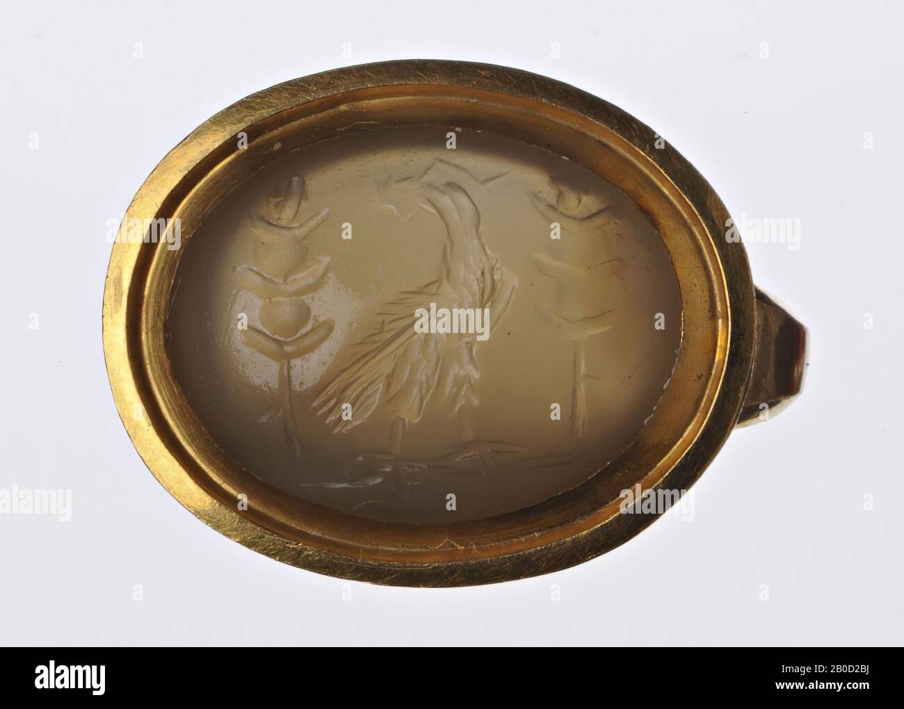 F: Aigle debout à droite avec la tête à gauche entre deux trophees, couronne en bec, gemme, intaglio, carnélien, couleur: Brun clair avec taches brunes, forme: Ovale, couché, traitement :, style: 12,5 x 16 mm, D. 5 mm, poids. 5,7 gr., 2ème - 3ème siècle AD. 100-300 AD Banque D'Images