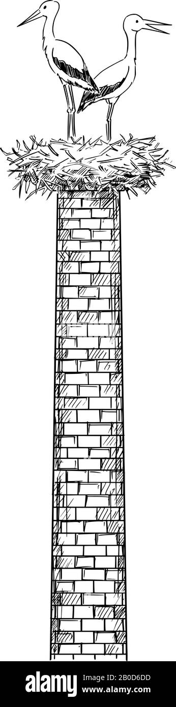 Dessin vectoriel illustration conceptuelle de deux cigognes blancs qui se tiennent dans le nid sur une vieille usine de fumée ou de cheminée. Illustration de Vecteur