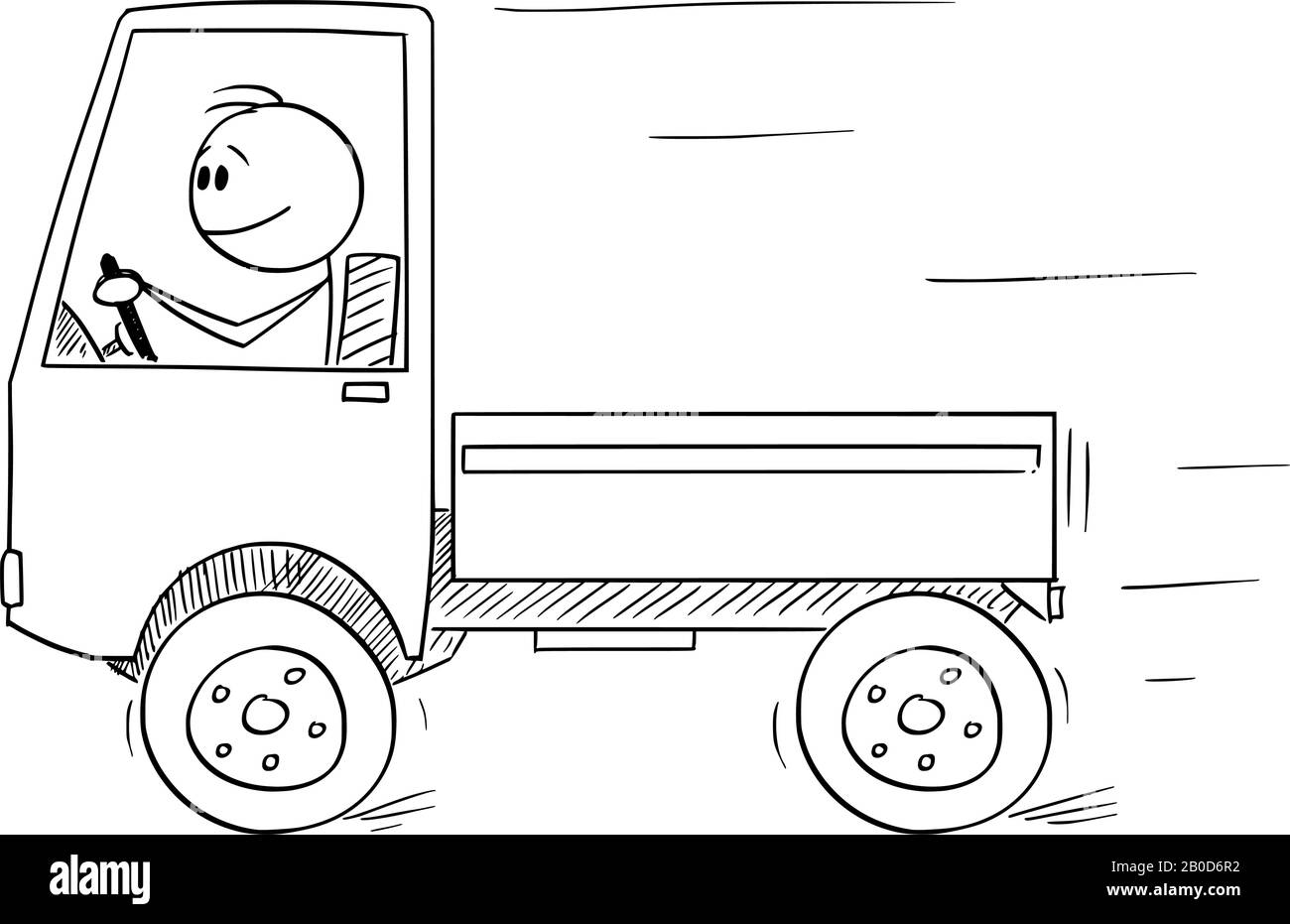 Dessin de dessin de dessin de dessin de dessin de dessin de dessin de dessin de dessin de dessin de dessin animé de l'homme souriant ou conducteur conduisant un petit camion déchargé. Concept de transport ou d'affaires logistiques. Illustration de Vecteur