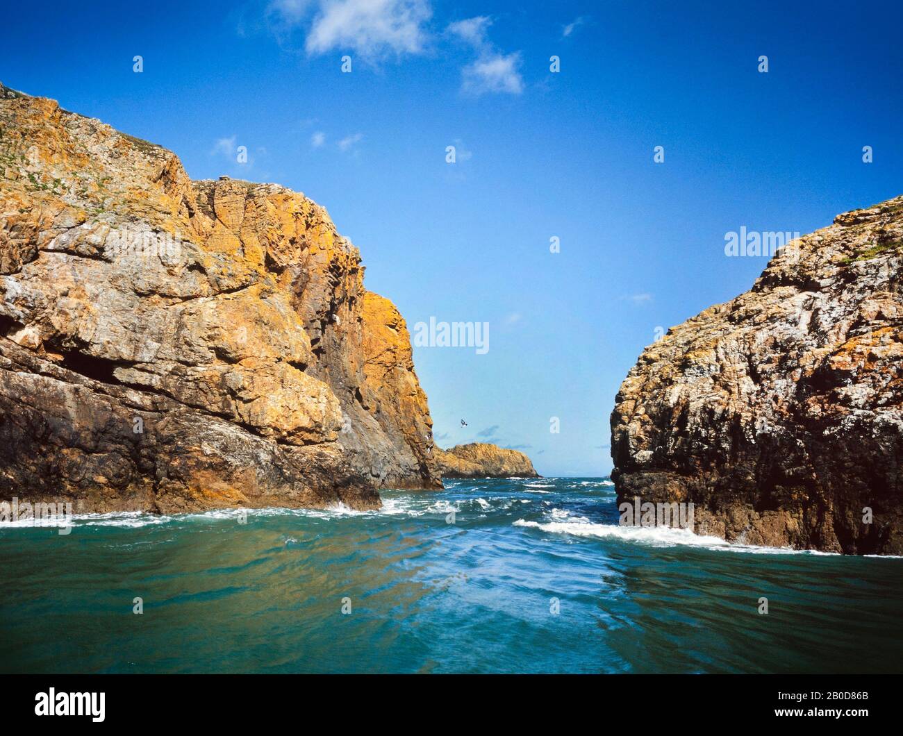 Ramsey Island, Royaume-Uni, paysage côtier, falaises abruptes montrant l'érosion de la mer et du vent, été, vue de la mer. Banque D'Images