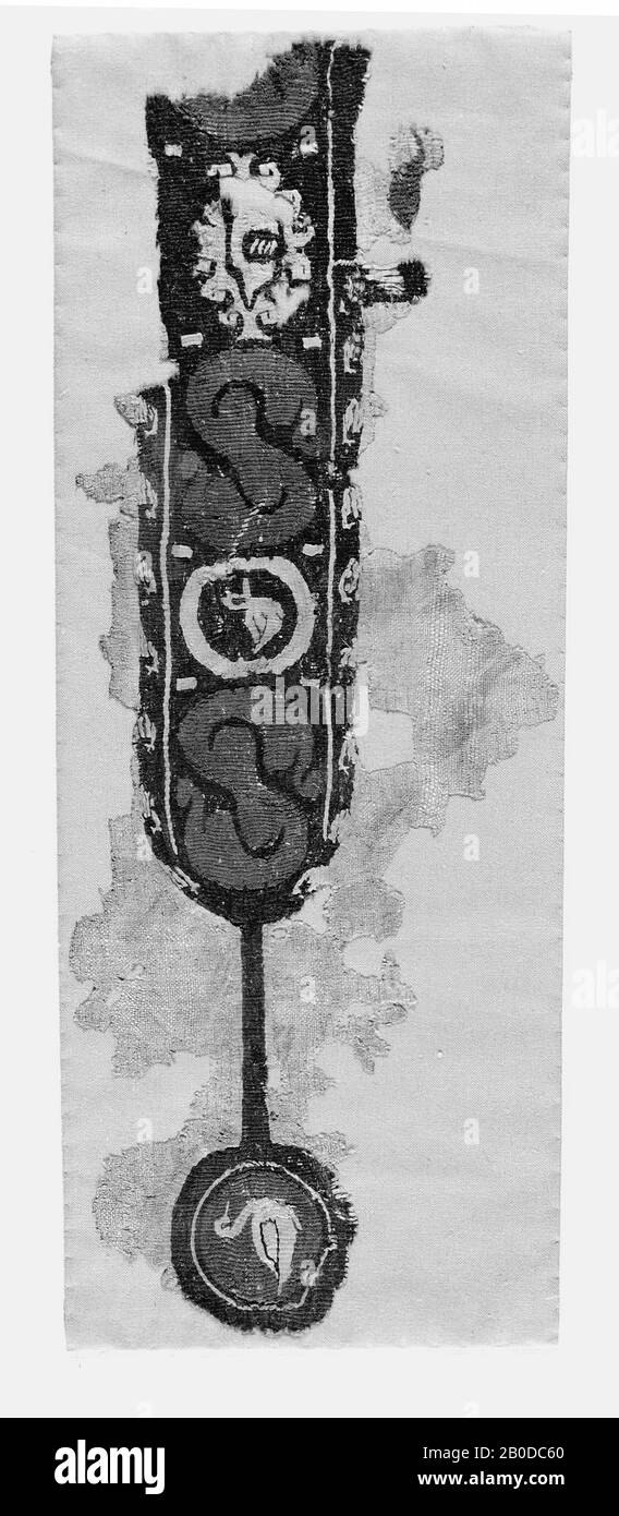 Clavus, feuille, plante, oiseau, tissu, clavus, lin, laine, 13 x 39 cm, Période copte, 6ème-8ème siècle, Egypte Banque D'Images